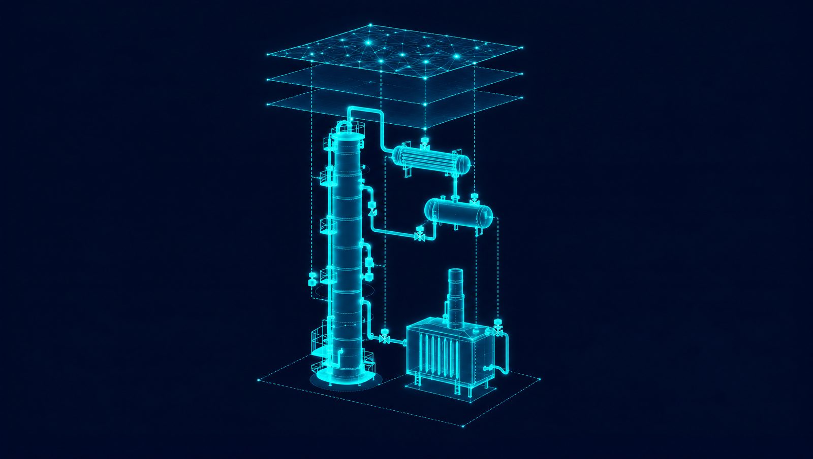 Wireframe rendering of a process unit beneath stacked layers representing the DCS, APC and a learned closed-loop controller