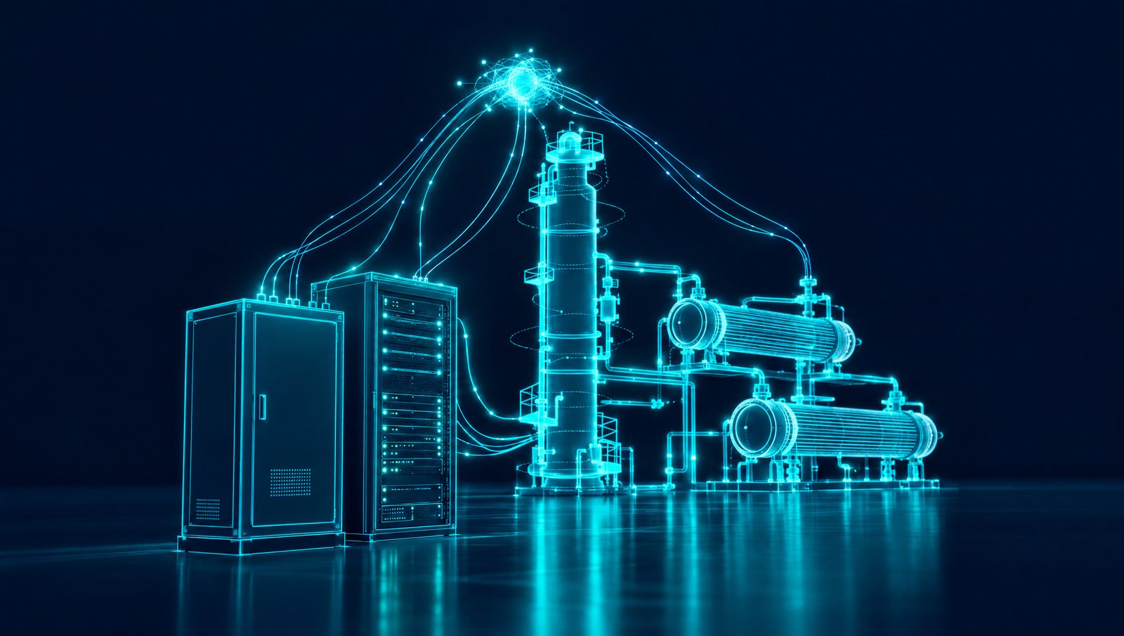 Wireframe rendering of a process unit, historian and control cabinet connected by data lines into one model