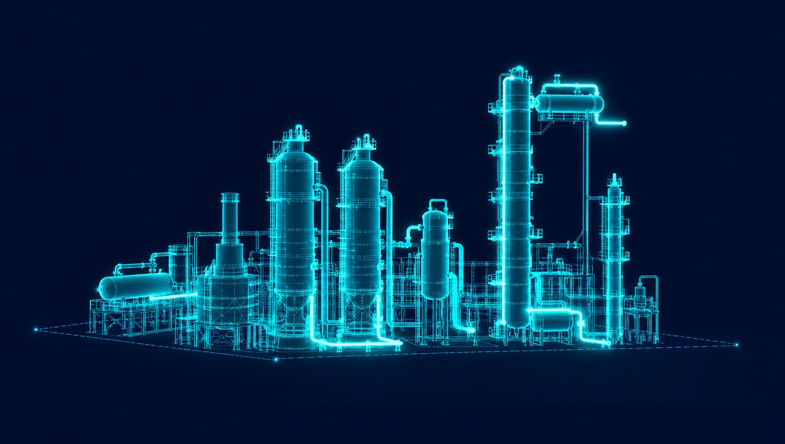 Wireframe illustration of a hydrocracker with twin reactors, heater and fractionator beside a chemical distillation column