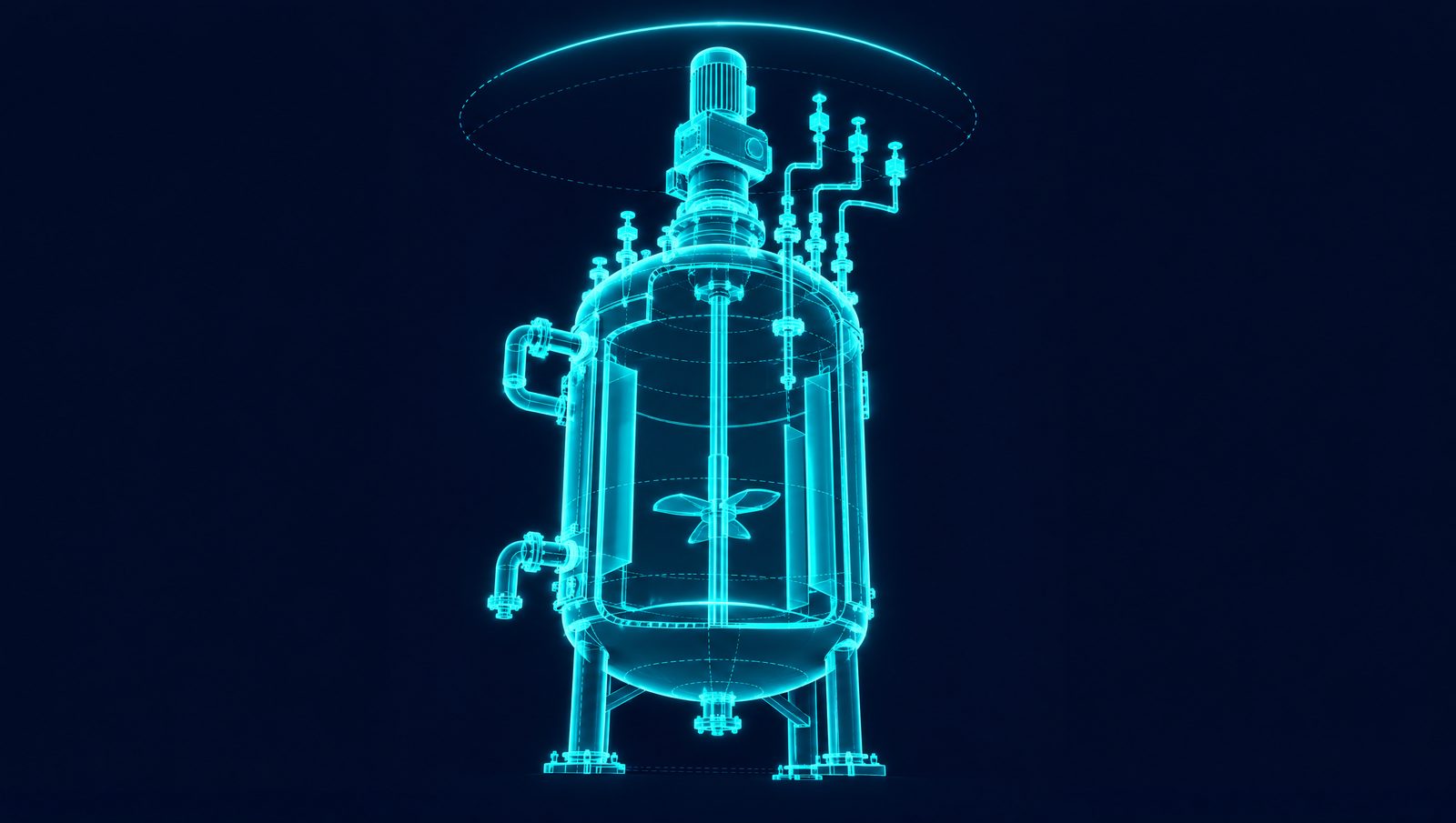 Wireframe illustration of a jacketed batch reactor with a reference batch trajectory traced above it