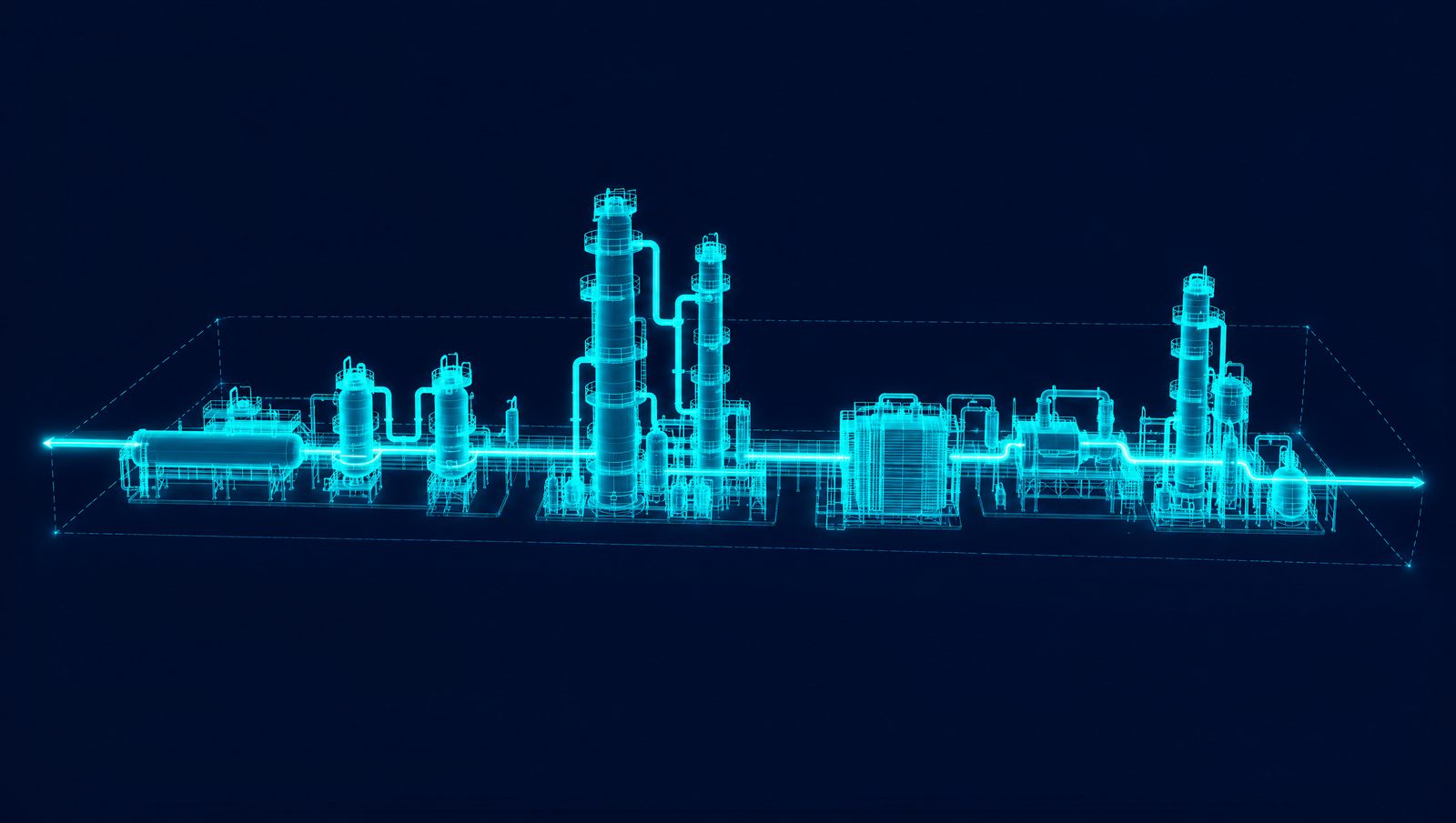 Wireframe illustration of a gas plant with slug catcher, amine columns, cold box, turboexpander and demethanizer