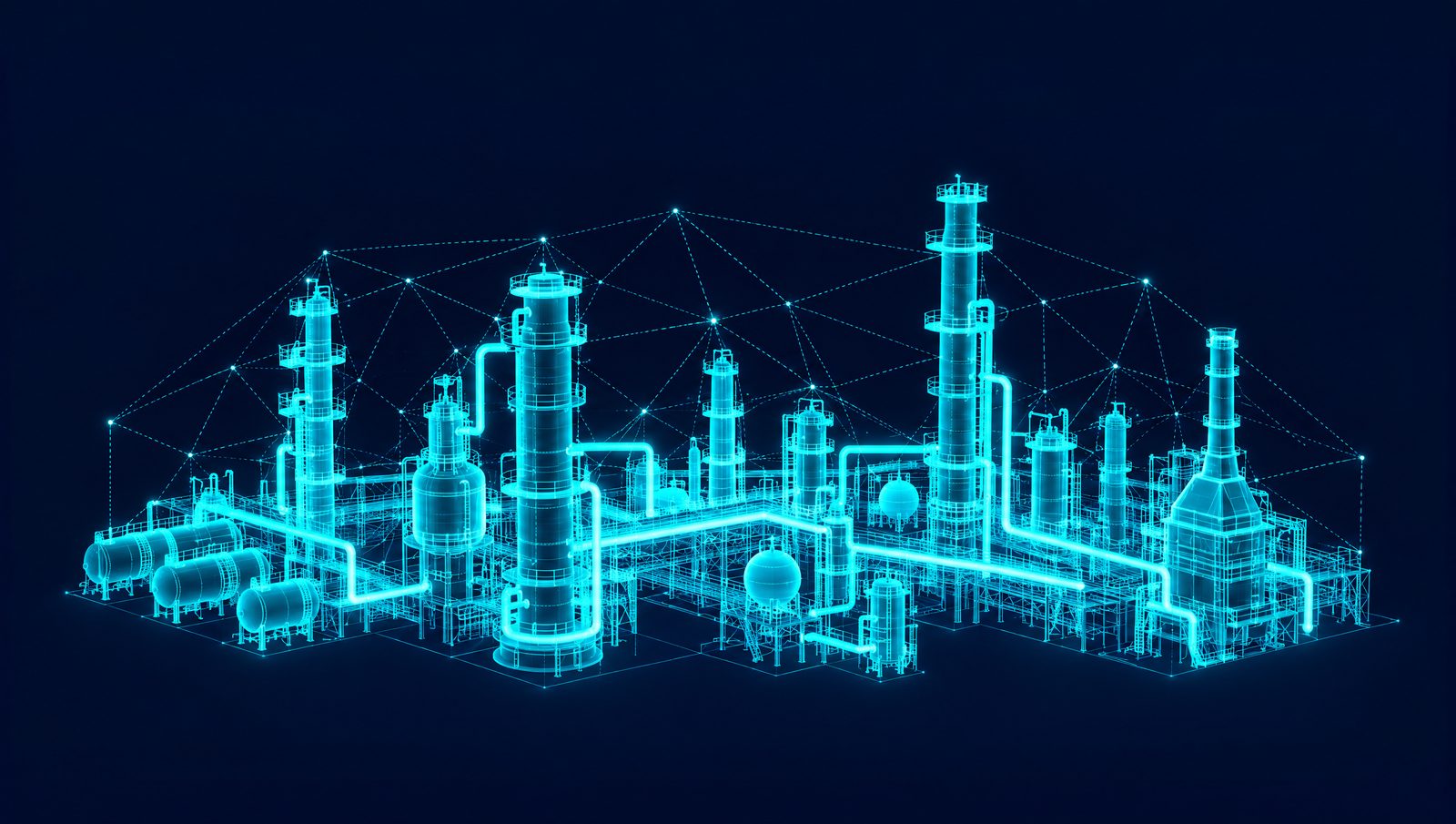 Wireframe illustration of a chemical complex of reactors, distillation columns and furnaces with a network of signal lines