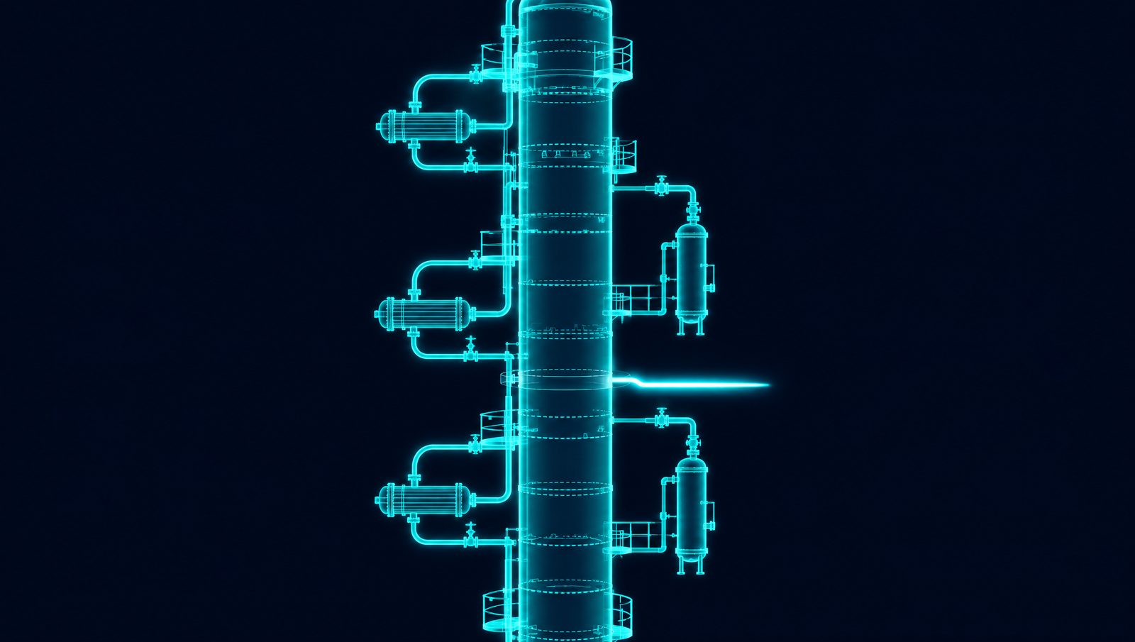 Wireframe illustration of a crude distillation column with trays, pumparound exchangers and side strippers