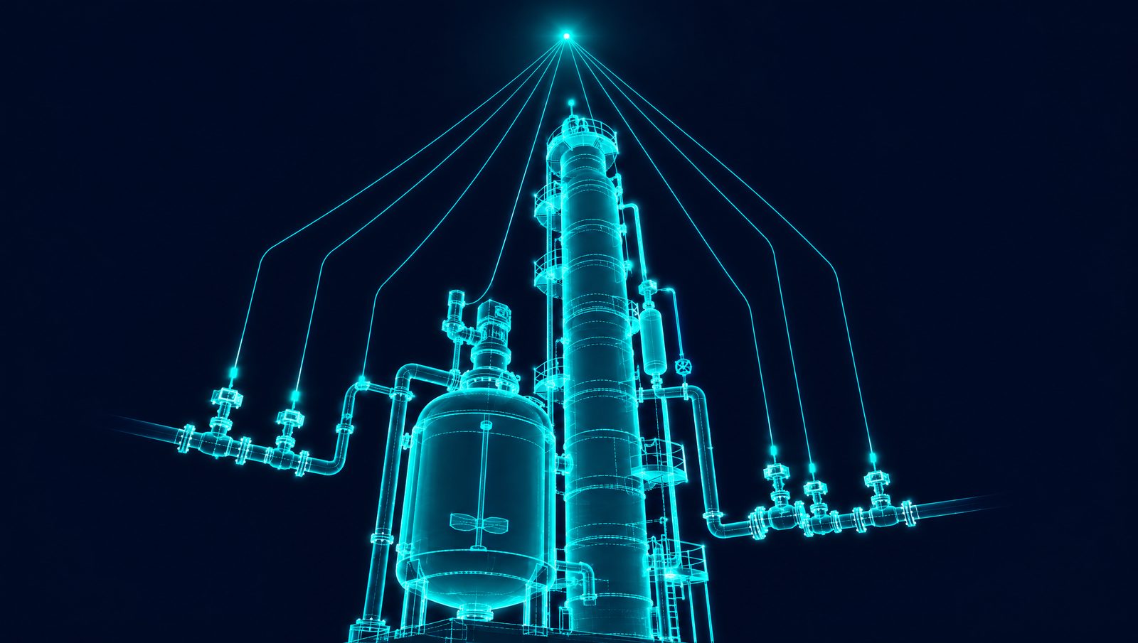 Wireframe rendering of a process unit whose setpoints trace up to a single plant target