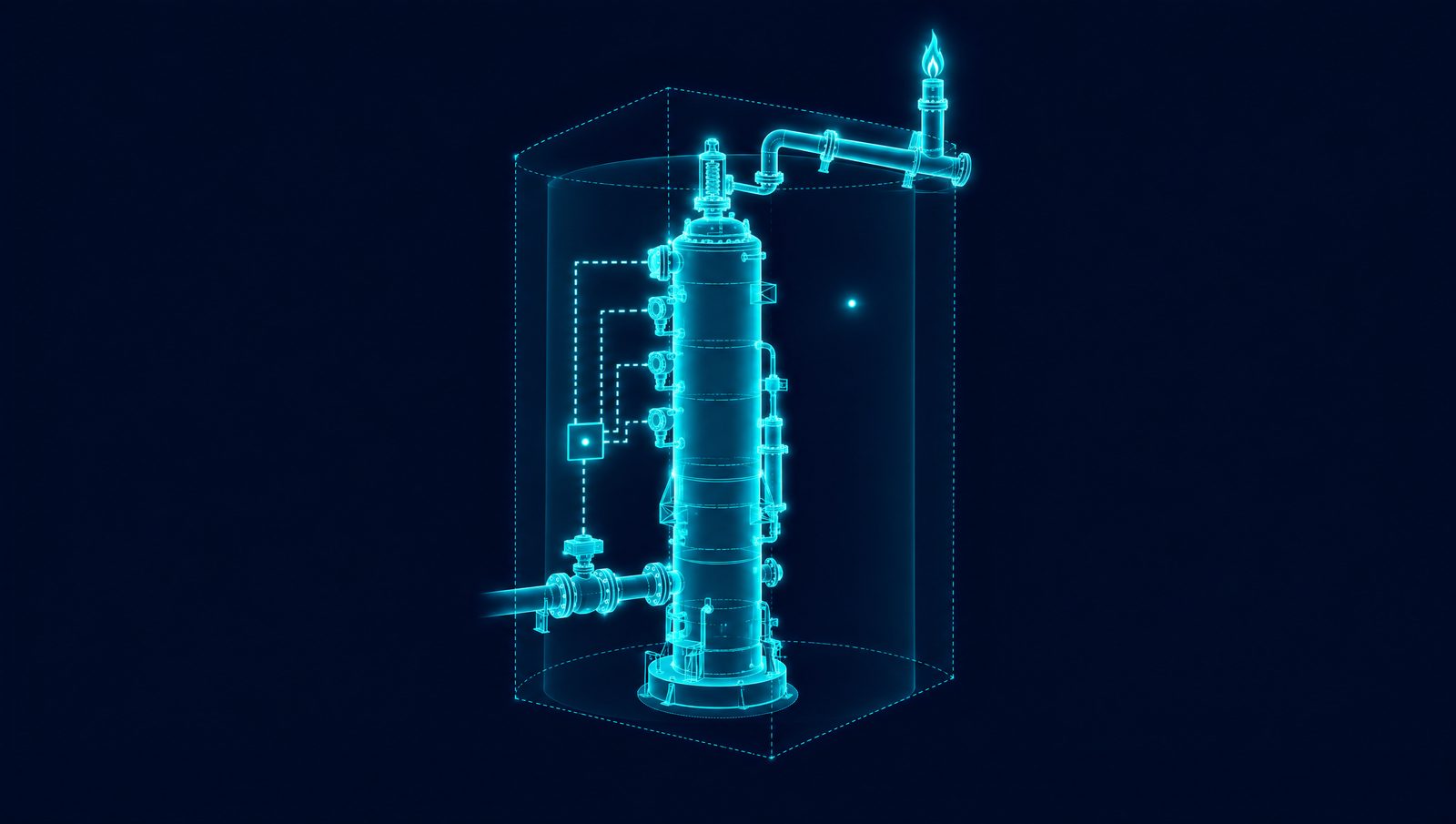 Wireframe rendering of a pressure vessel with relief valve and safety loop inside an operating envelope