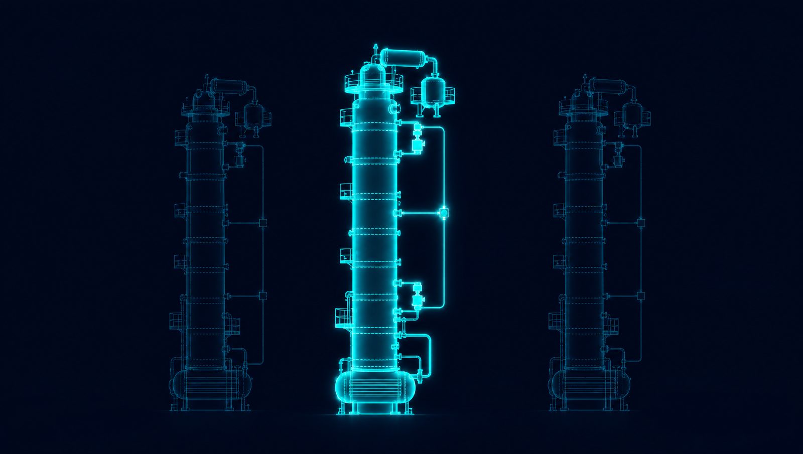 Wireframe rendering of a single process unit with a guarded closed-loop path and constraint limits