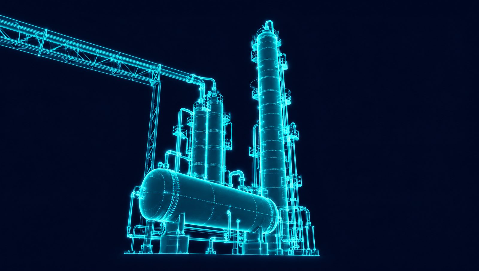 Wireframe rendering of a refinery alkylation unit with reactor, acid settler and isostripper column fed from the FCC