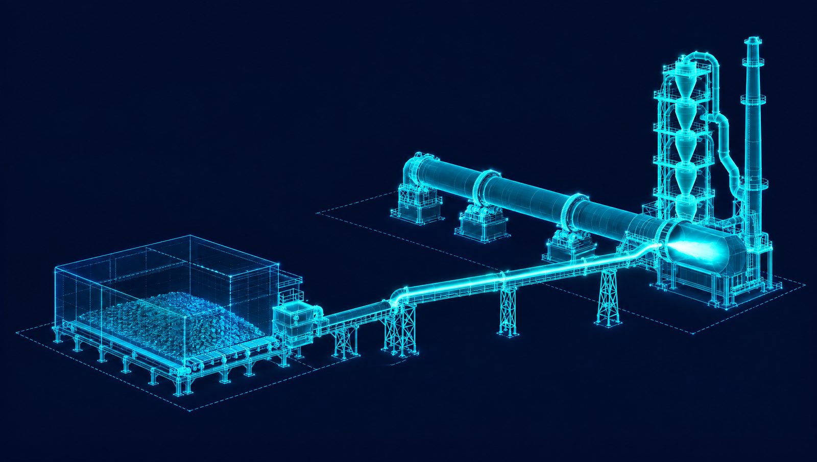 Wireframe rendering of a cement rotary kiln and preheater tower with an alternative fuel line feeding the main burner