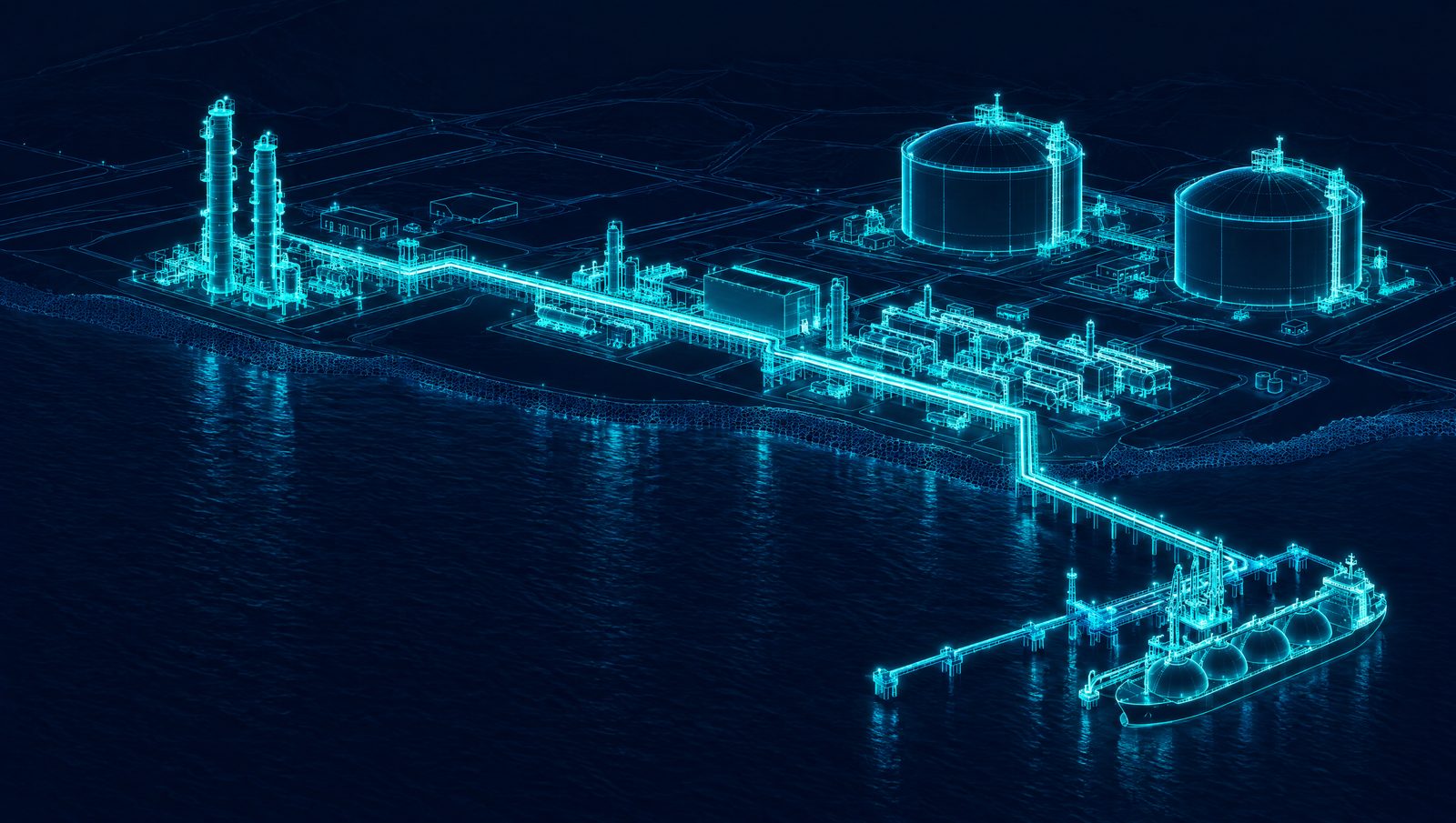 Wireframe rendering of an amine treating unit with absorber and regenerator columns ahead of an LNG liquefaction train