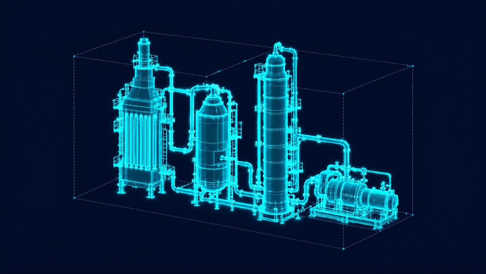 Wireframe rendering of an ammonia plant with reformer furnace, synthesis converter and recycle compressor
