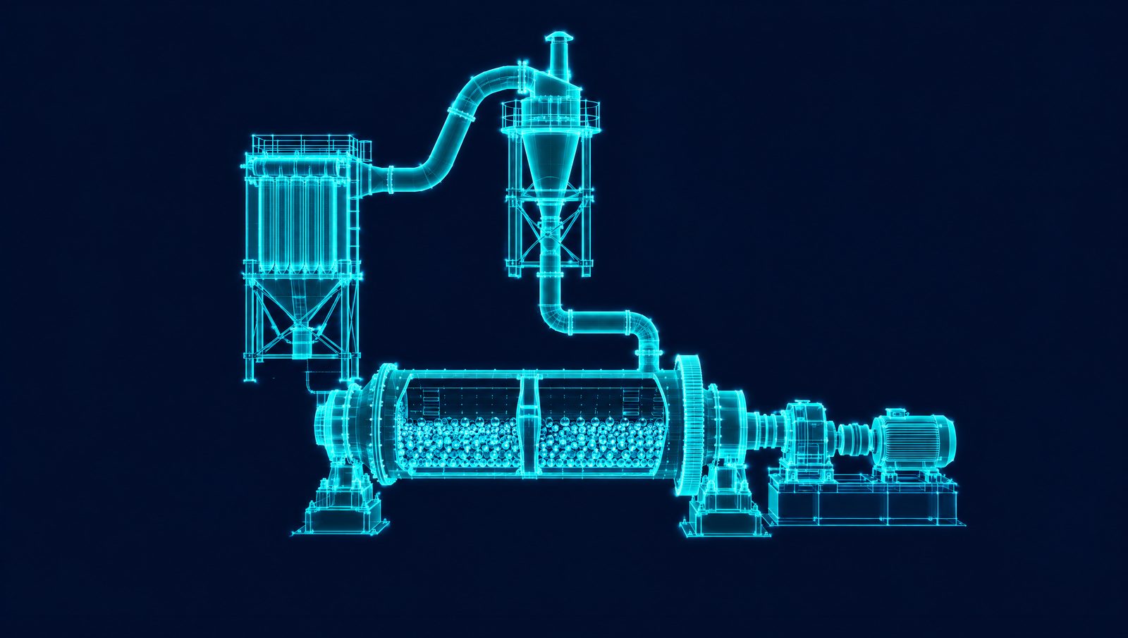 Wireframe illustration of a cutaway two-chamber cement ball mill with grinding balls, bag filter and separator
