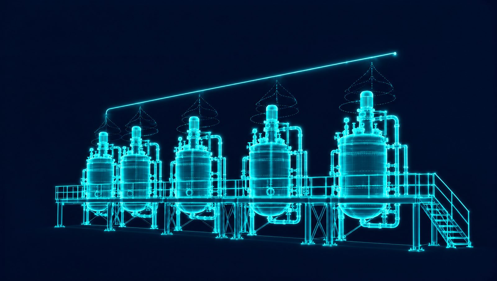Wireframe rendering of batch reactors with trajectory curves converging on a golden batch profile