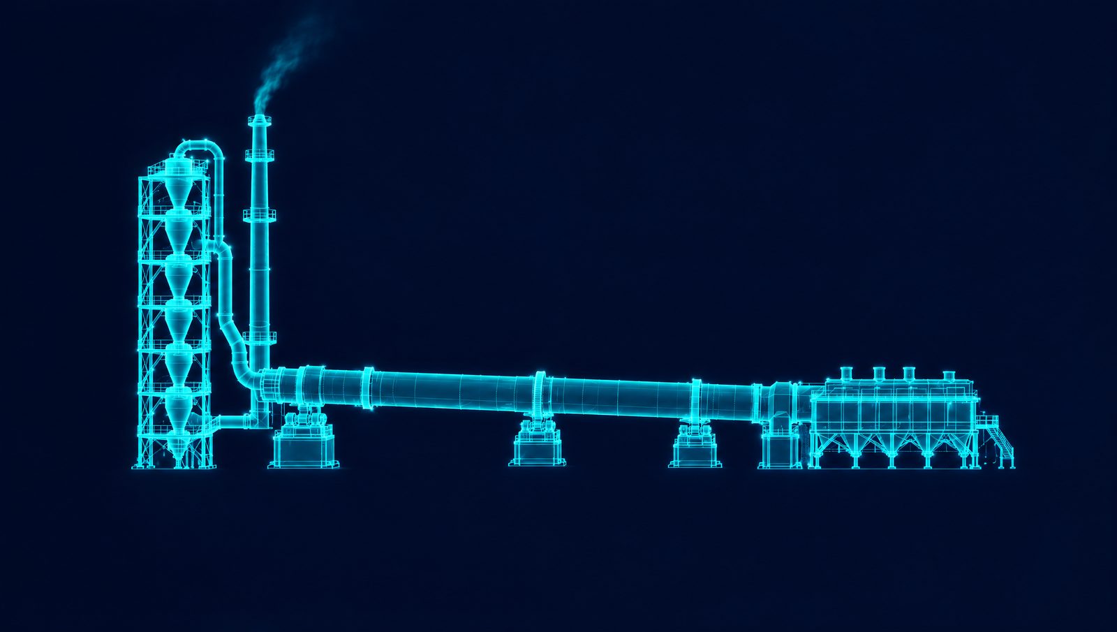 Wireframe illustration of a four-stage cyclone preheater tower, calciner, rotary kiln and clinker cooler with stack