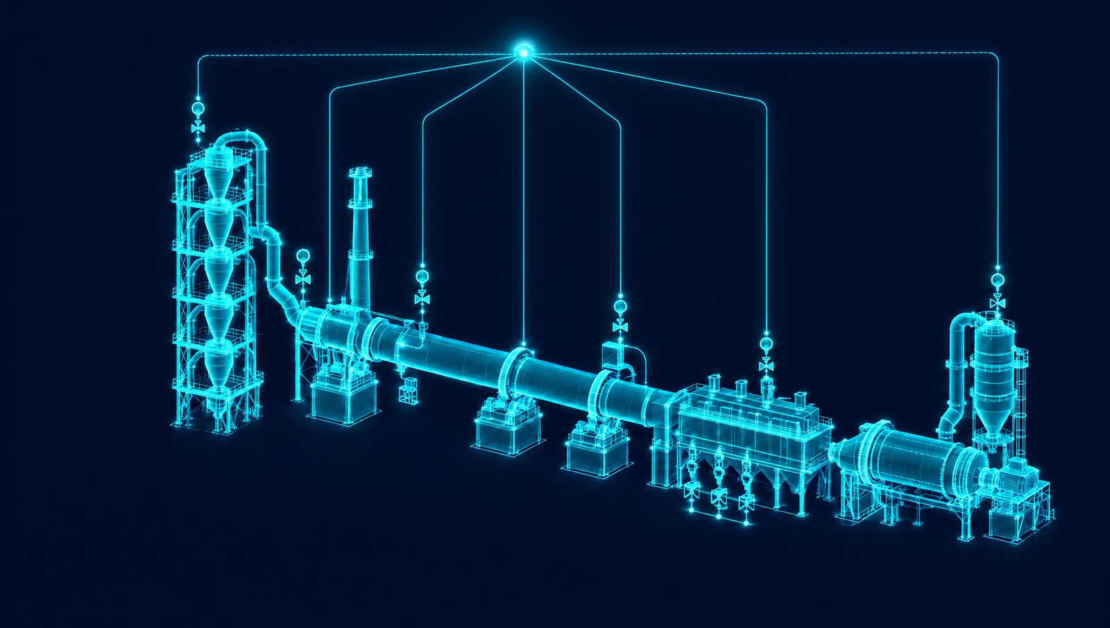 Wireframe illustration of a cement kiln line from preheater cyclones and rotary kiln to the clinker cooler and finish mill
