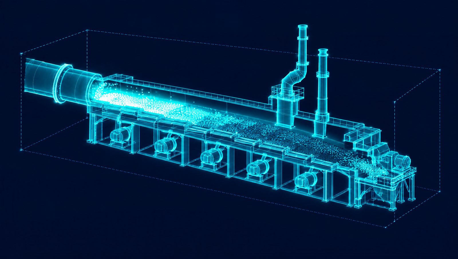 Wireframe illustration of a grate clinker cooler at the discharge of a rotary kiln with fan zones and air ducts