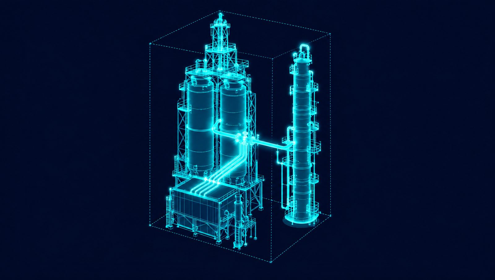Wireframe illustration of a delayed coker with twin coke drums, decoking derrick, coker heater and fractionator