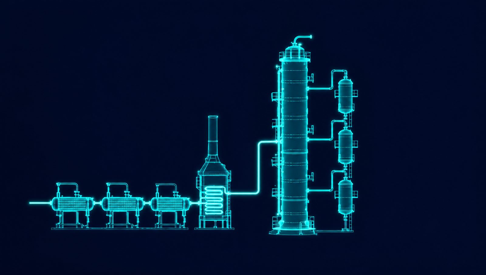Wireframe rendering of a refinery crude unit with its fired heater and atmospheric distillation column