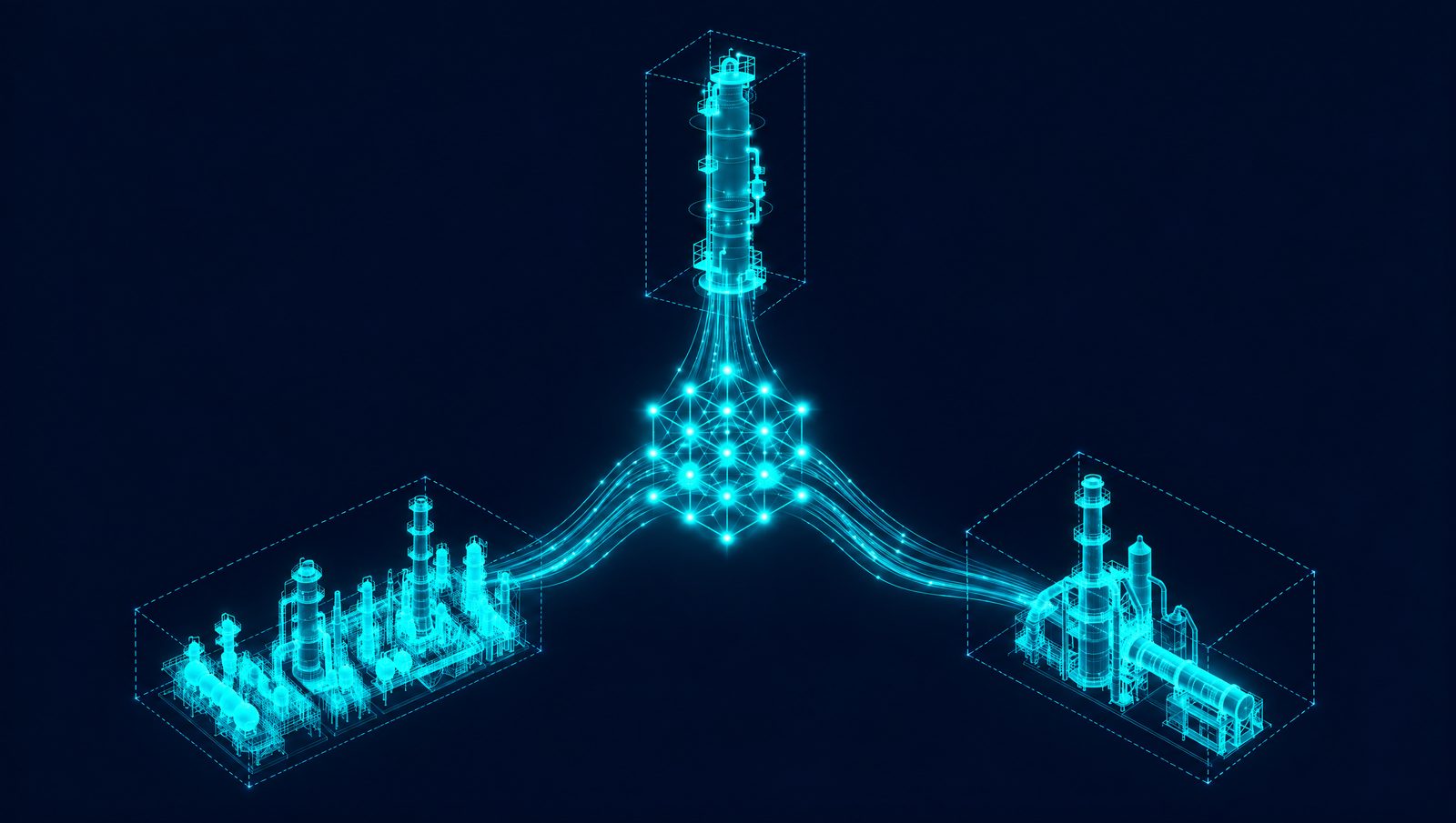 Wireframe rendering of data streams from several process units converging into one plant data model
