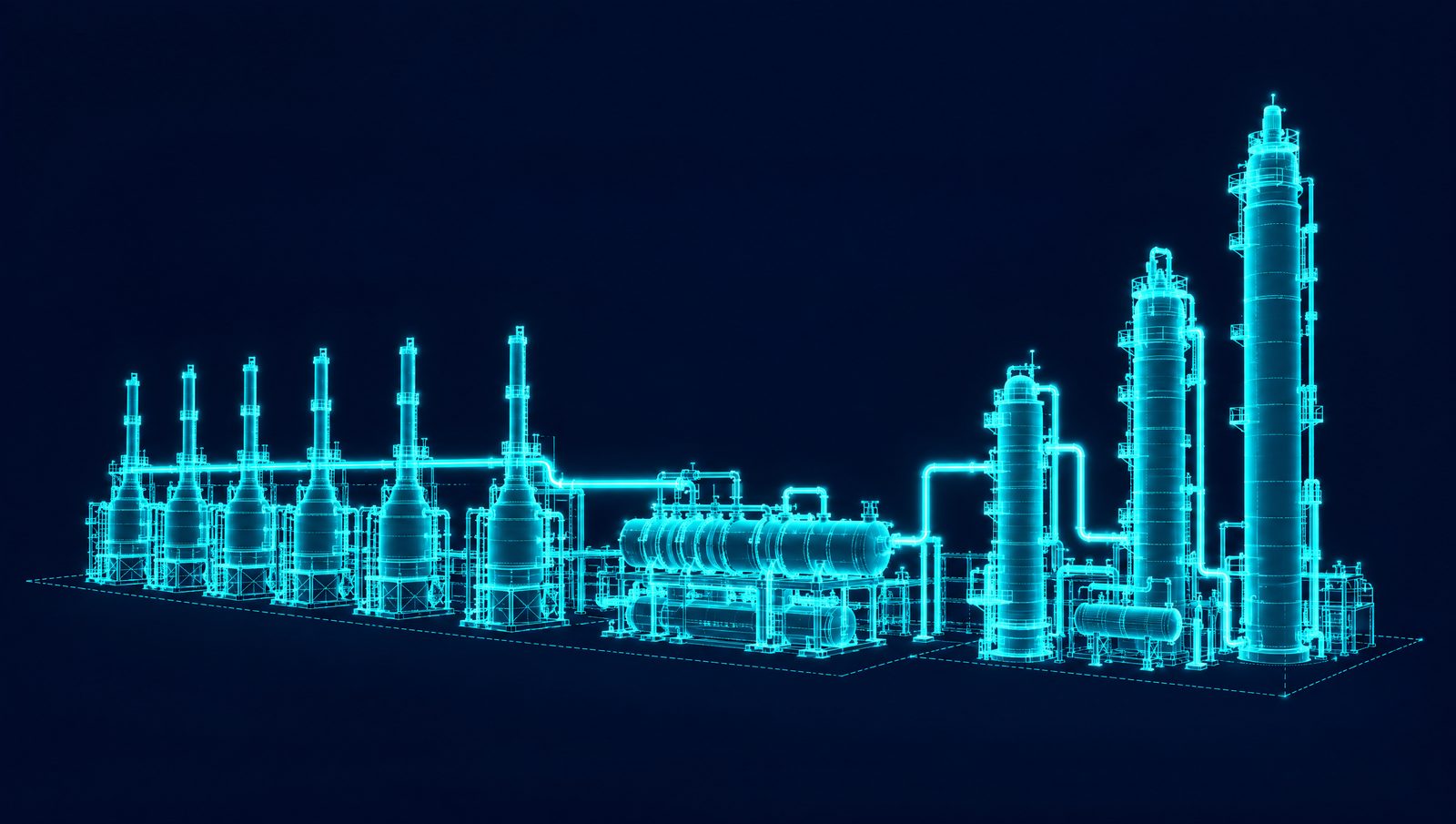 Wireframe illustration of a steam cracker with cracking furnaces, cracked gas compressor and ethylene and propylene splitters