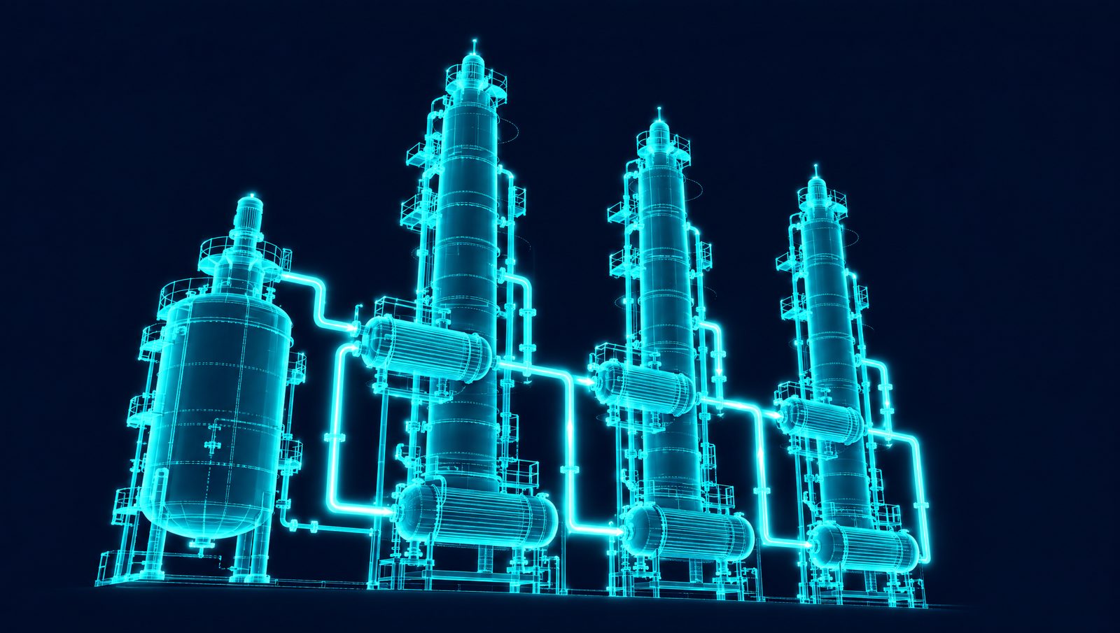 Wireframe illustration of a reactor and heat-integrated three-column distillation train with exchangers, coolers and reboilers