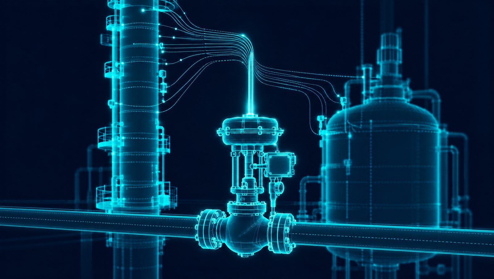 Wireframe illustration of a process unit with live sensor streams converging into a single setpoint line