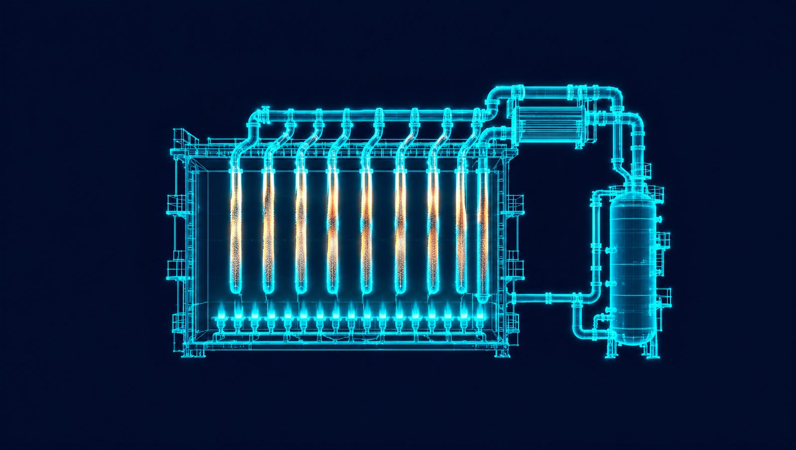 Wireframe rendering of an ethylene cracker furnace with radiant coils and transfer-line exchanger