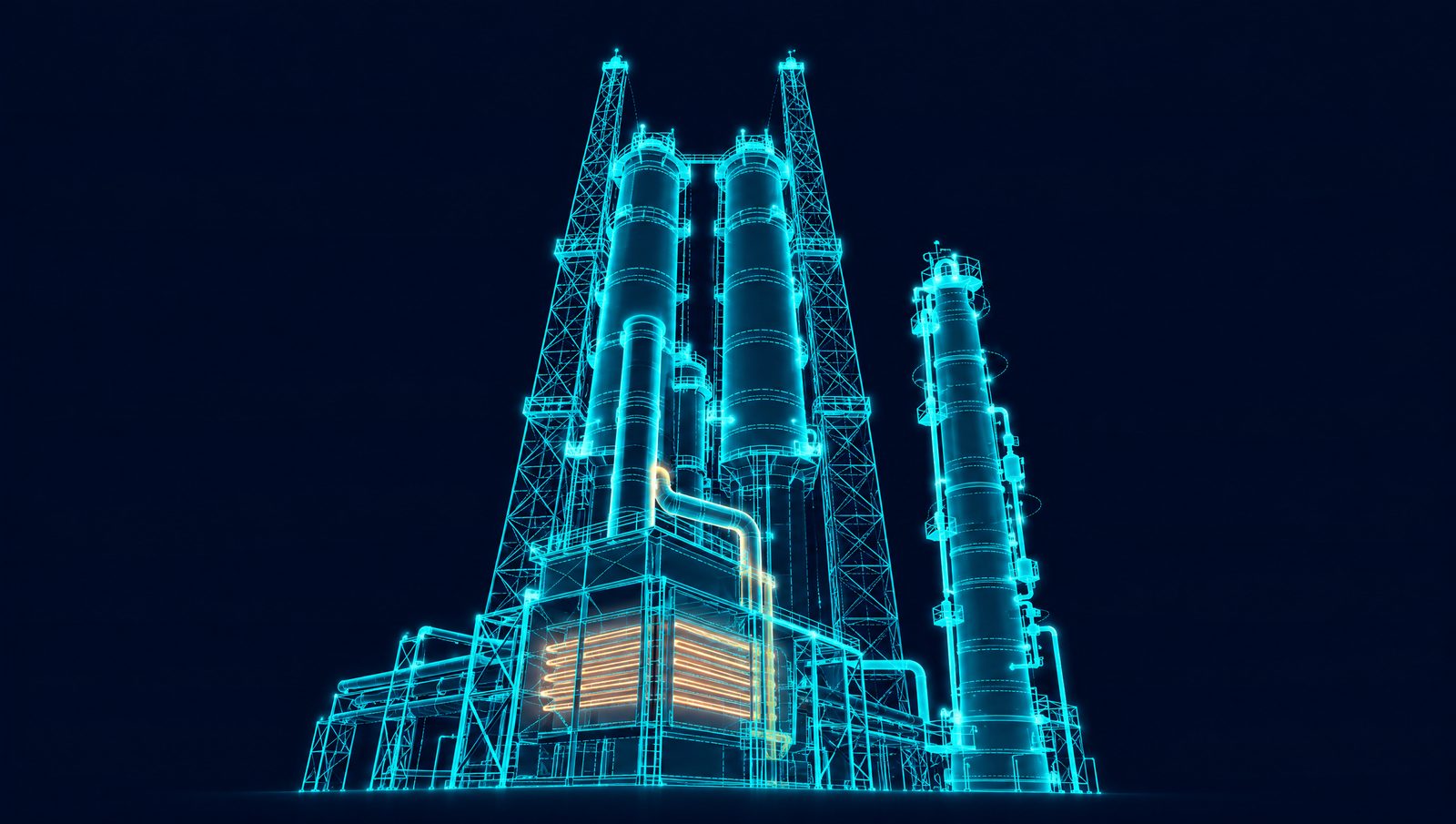 Wireframe rendering of a delayed coker with paired coke drums, derricks, heater and fractionator