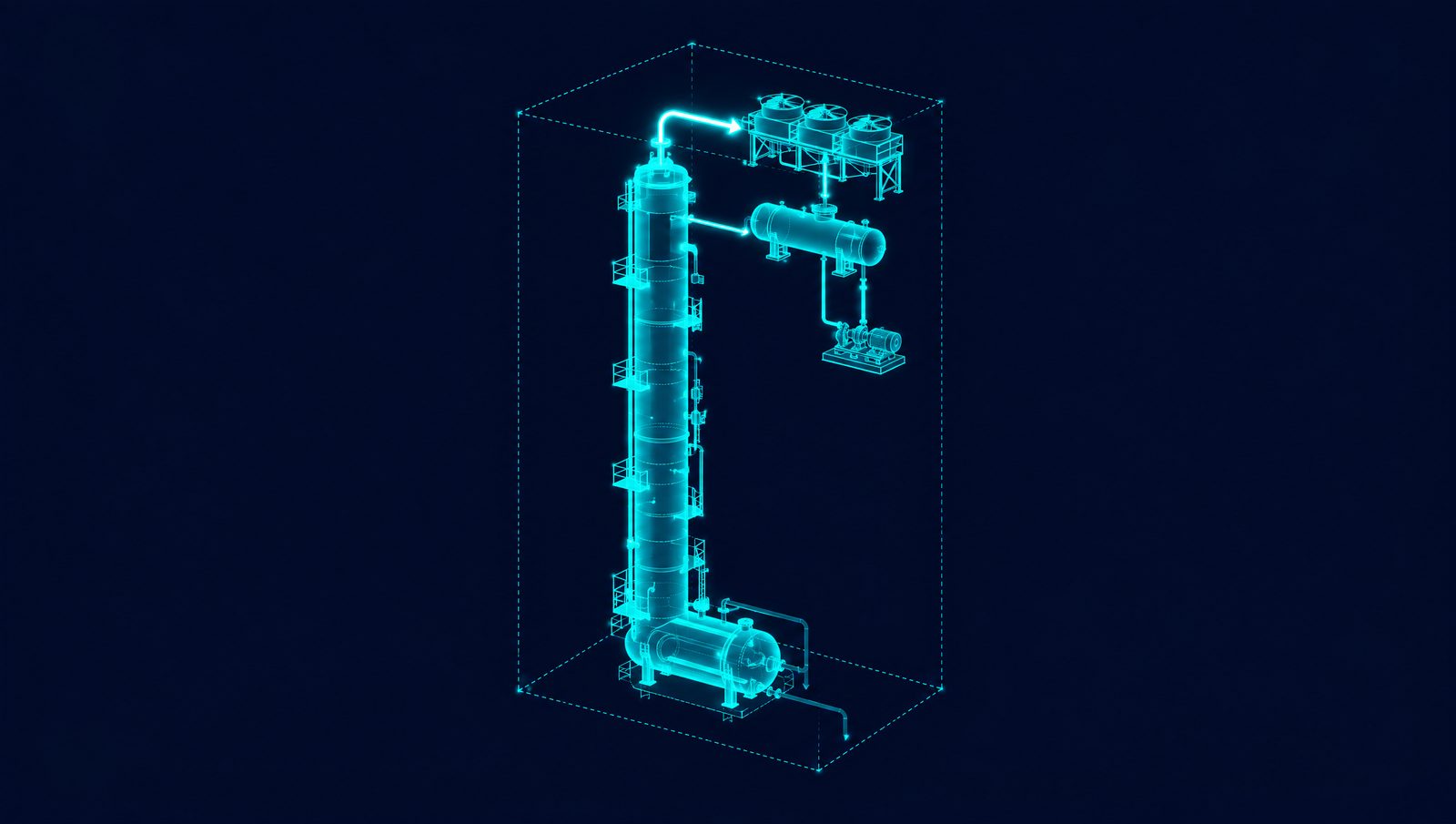Wireframe rendering of a depropanizer column with reboiler, overhead condenser and reflux drum