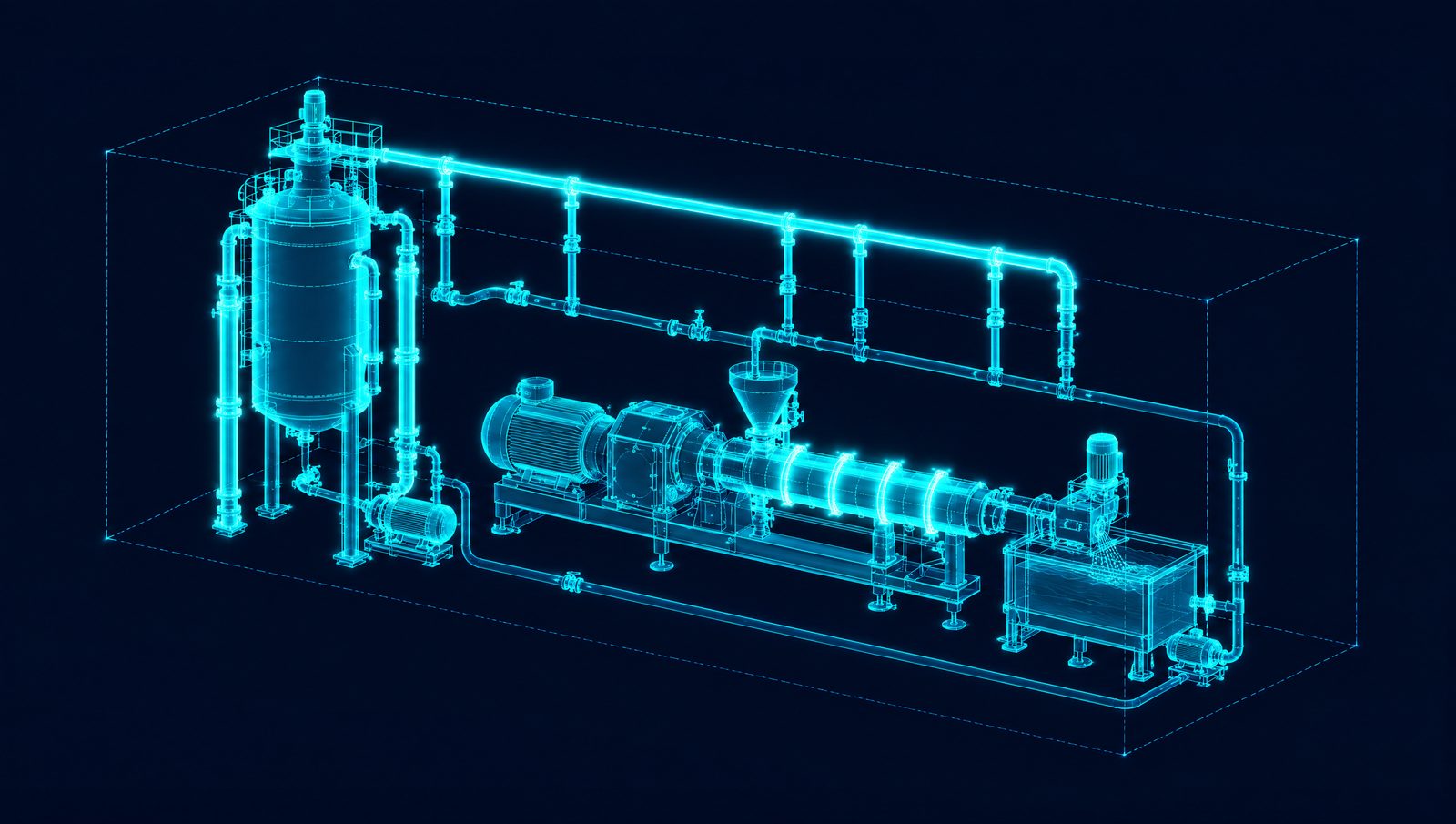 Wireframe illustration of a polyethylene loop reactor, twin-screw extruder and pelletizer with a steam header loop