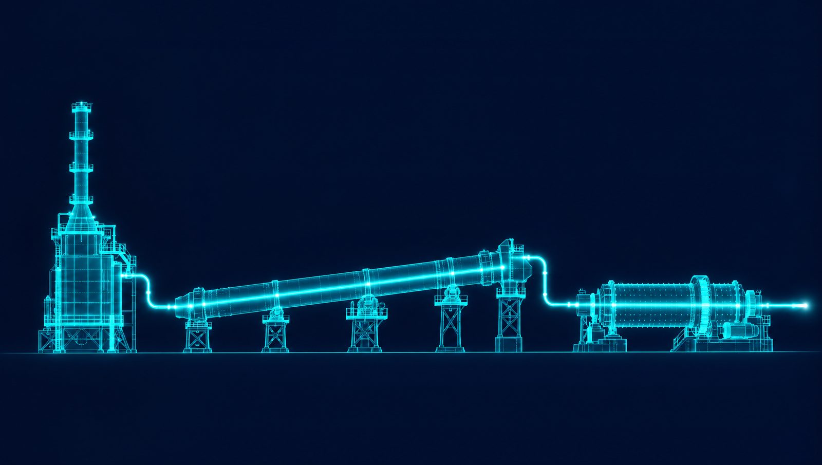 Wireframe illustration of a fired heater, cement rotary kiln and ball mill joined by one energy flow line