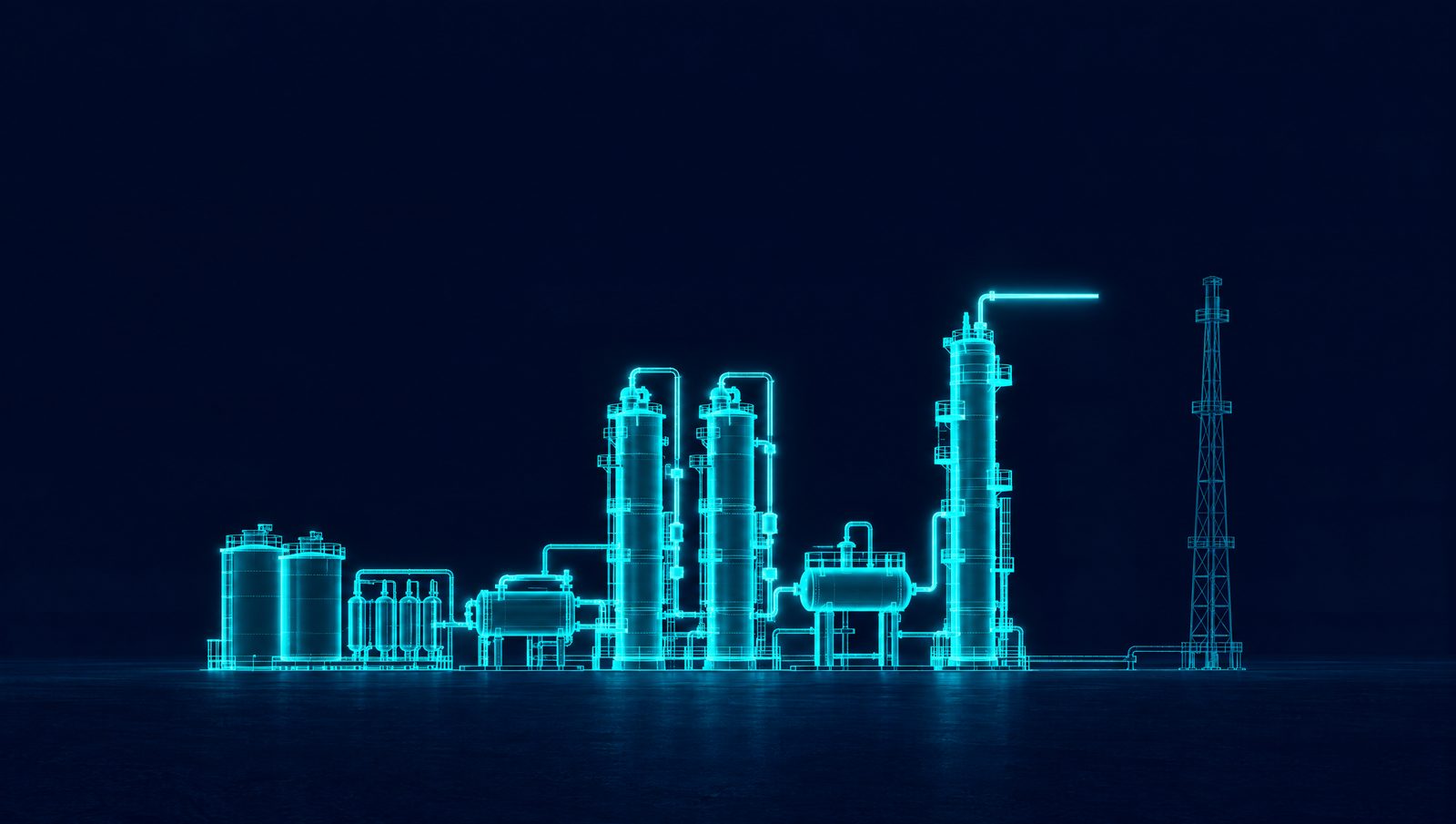Wireframe illustration of a renewable diesel hydrotreater with feed tanks, charge heater, two reactors, separator and stripper