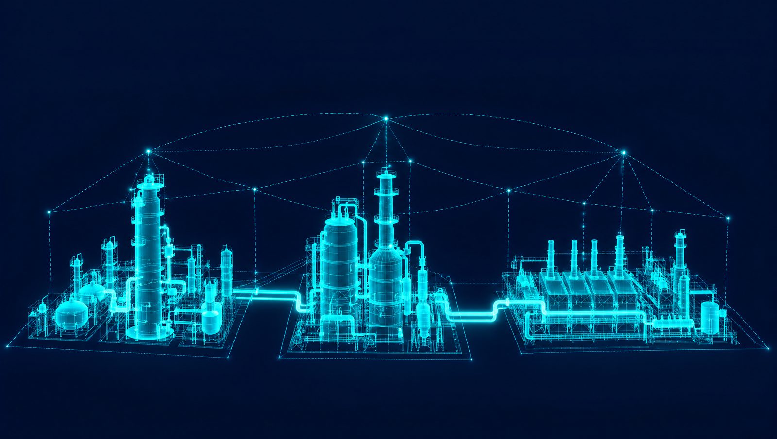 Wireframe illustration of a crude unit, catalytic cracker and steam cracker linked by a network of signal lines