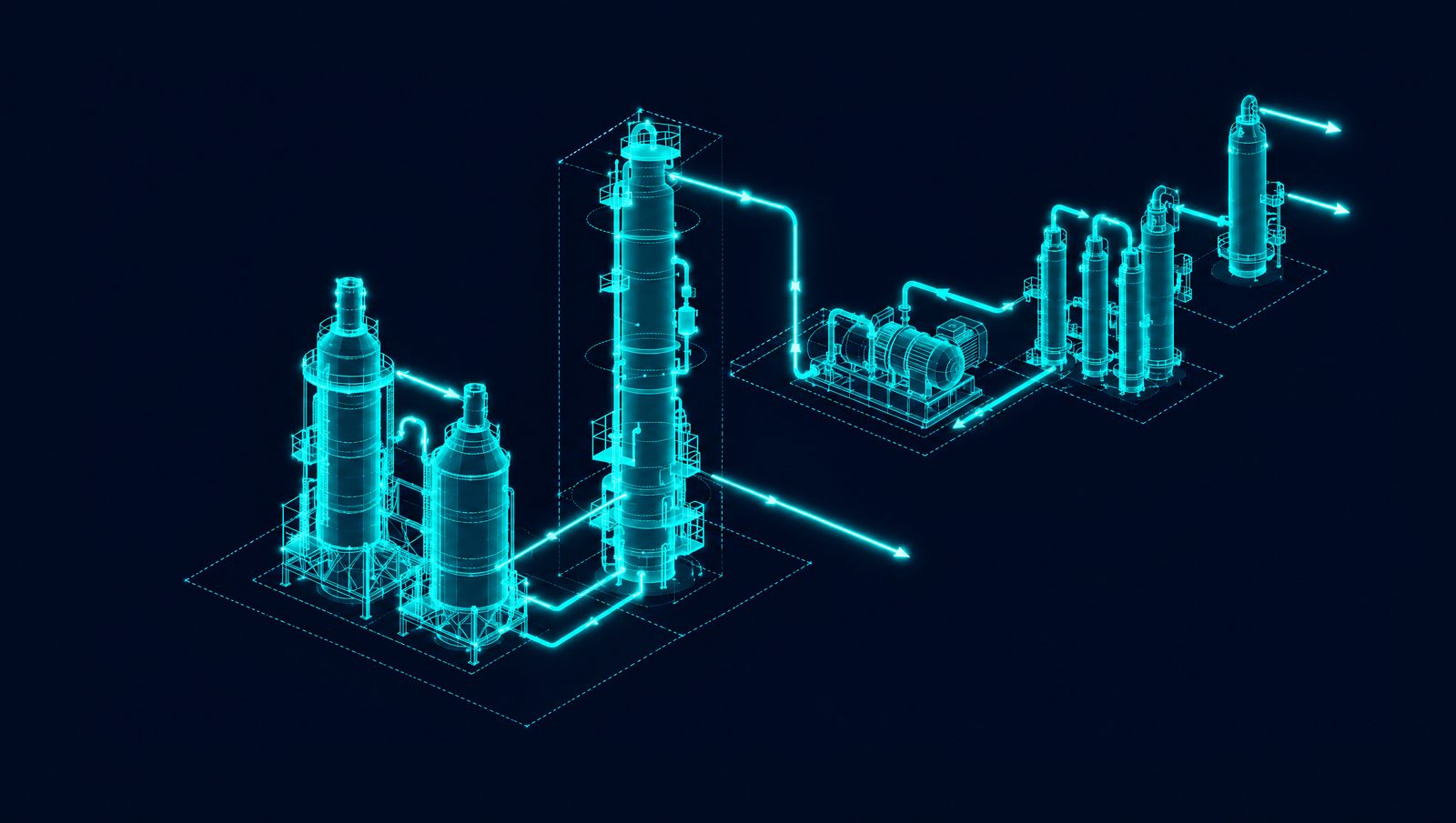 Wireframe illustration of an FCC complex with reactor, regenerator, main fractionator, wet gas compressor and gas plant columns