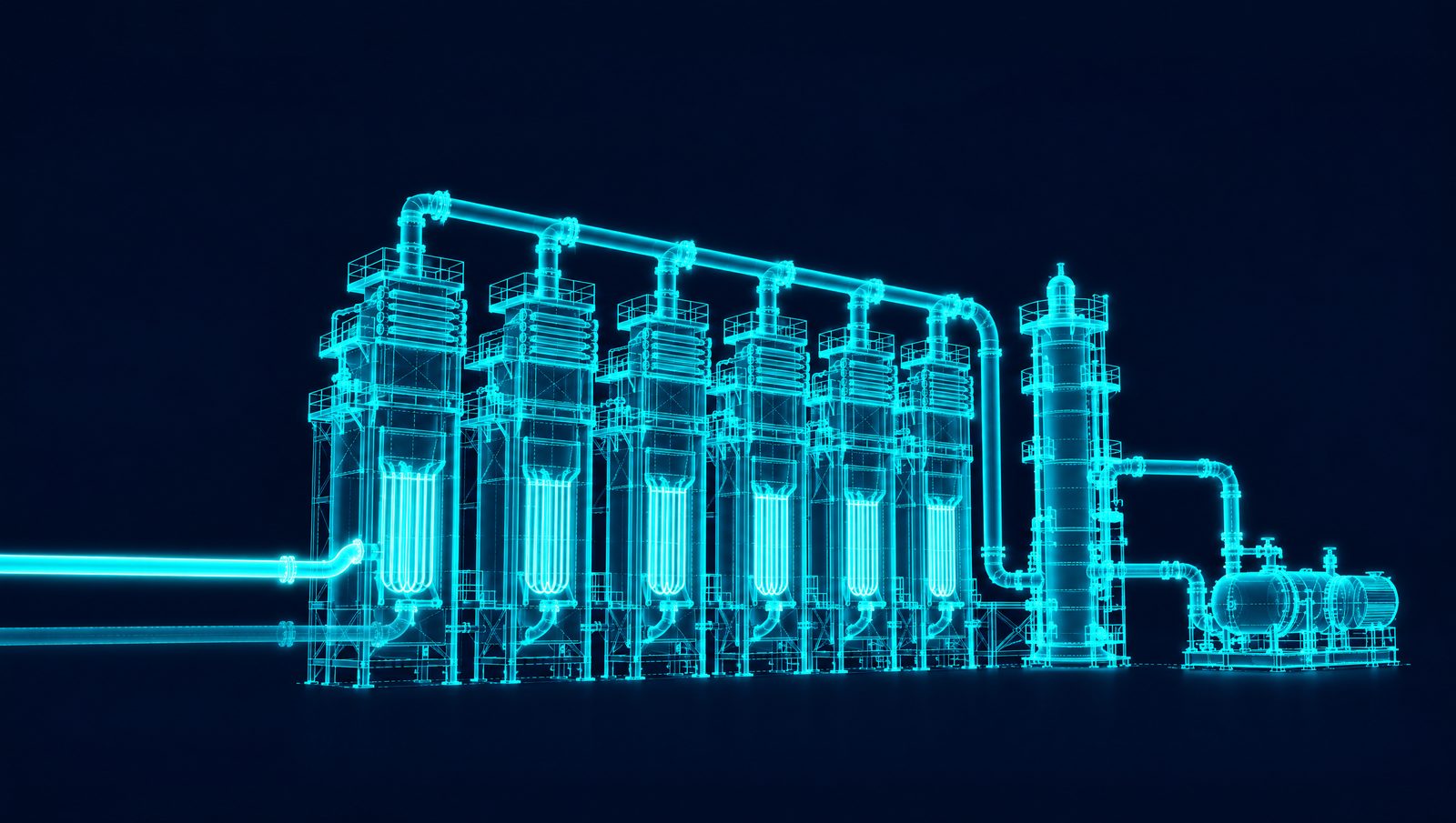 Wireframe illustration of a steam cracker furnace bank with radiant coils, transfer line exchangers and quench tower