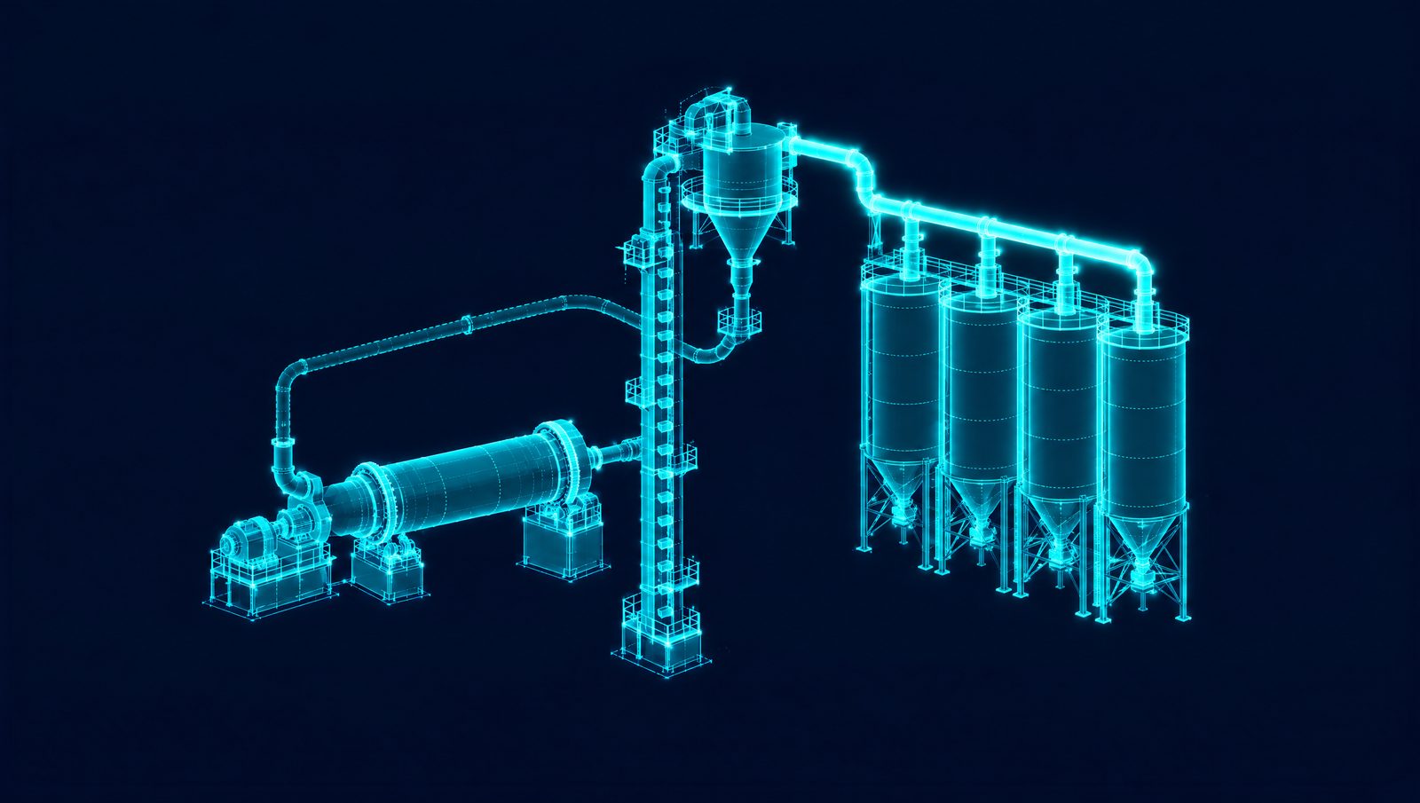 Wireframe illustration of a cement finish mill circuit with ball mill, bucket elevator, separator and cement silos