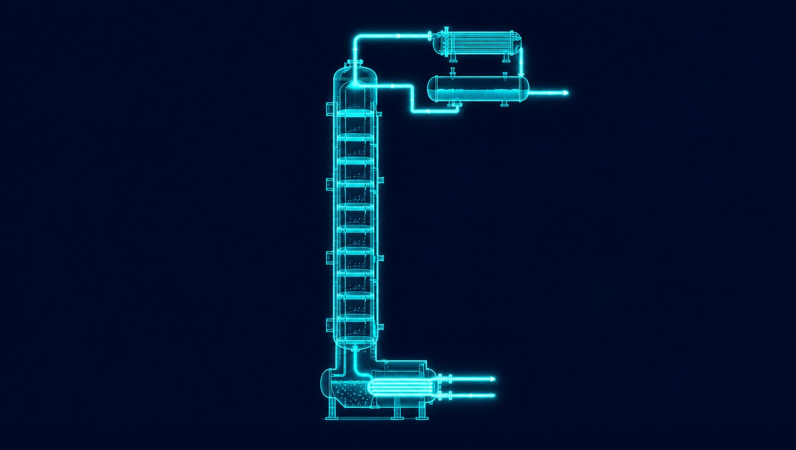 Wireframe illustration of a cutaway fractionation column with trays, kettle reboiler, condenser and reflux drum