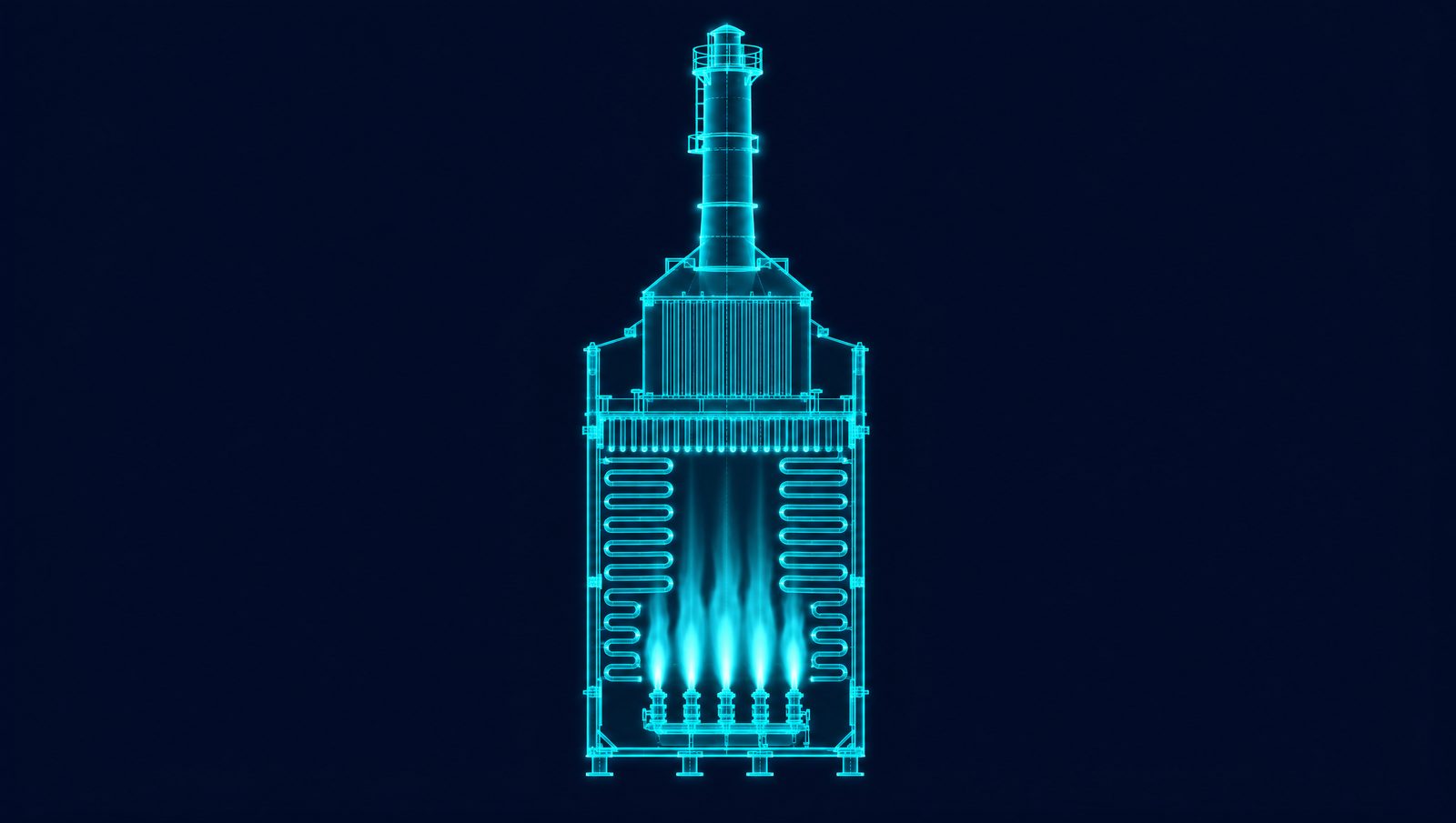 Wireframe illustration of a cutaway crude heater with burners, radiant tube coils, convection section and stack