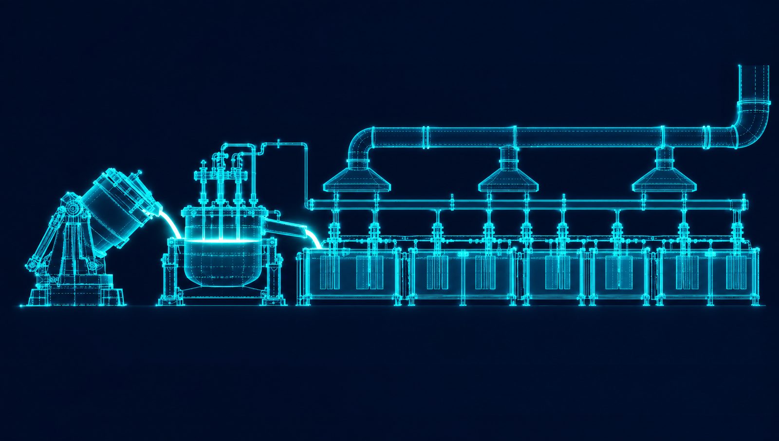 Wireframe rendering of a gold refinery melt furnace, chlorination vessel and electrolytic refining cells
