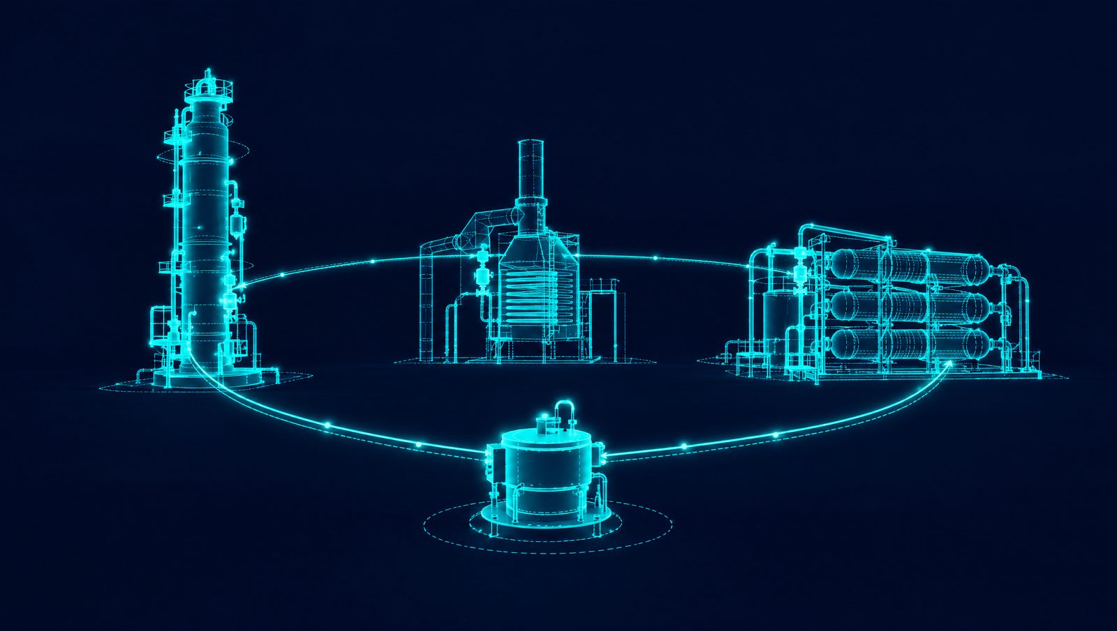 Wireframe rendering of an empty control room console linked by model signal lines to a process unit
