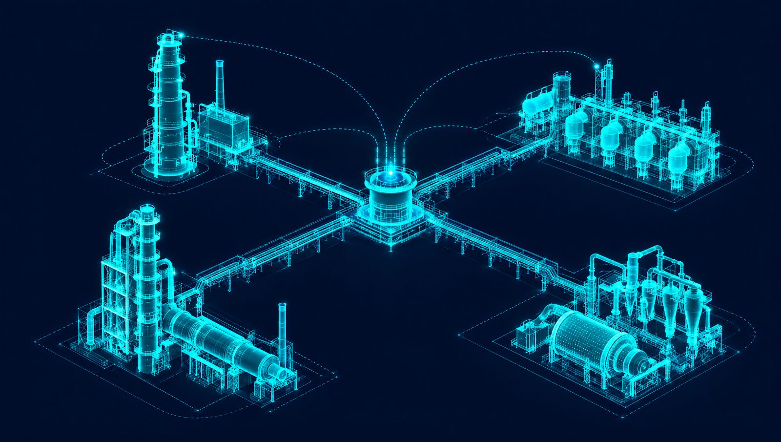 Wireframe rendering of process units across refining, chemicals, cement and mining linked to a single control layer