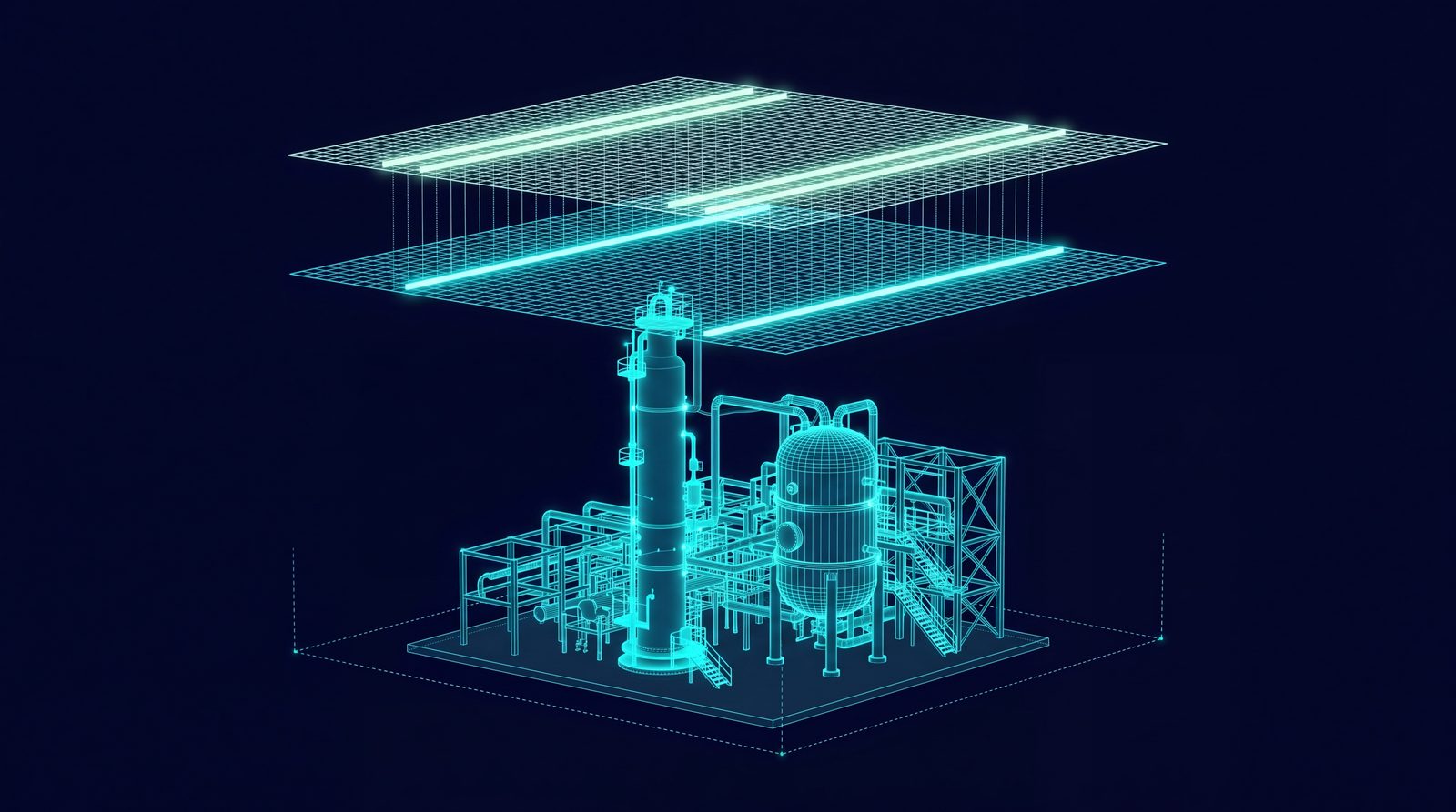 Wireframe rendering of a process unit beneath two glowing planes of light that mark the limits it runs within