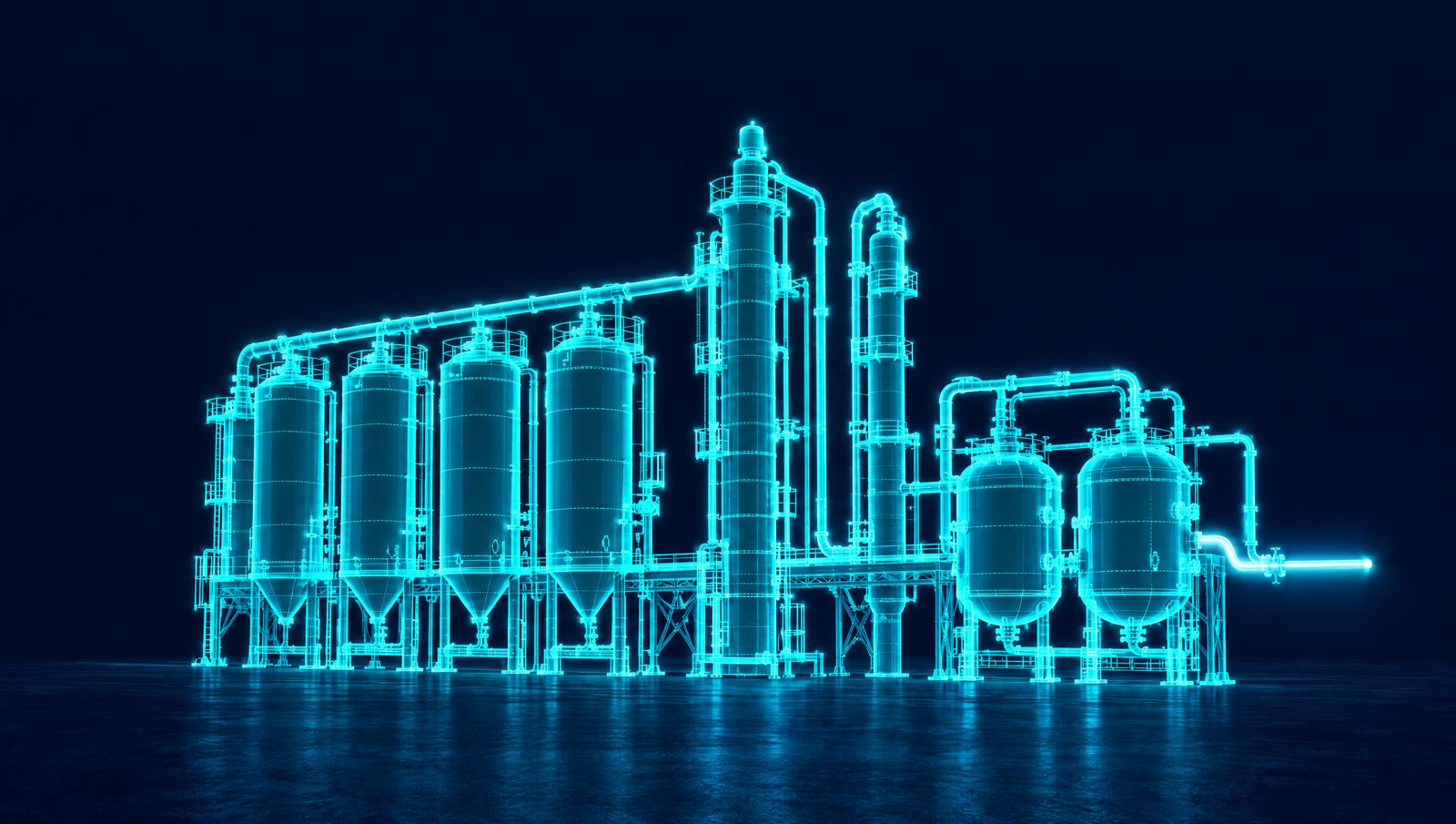 Wireframe illustration of a corn ethanol plant with fermenters, beer column, rectifier and molecular sieve vessels
