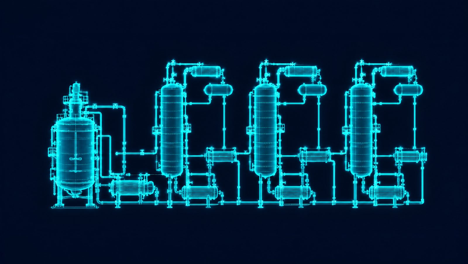 Wireframe illustration of a jacketed reactor feeding three distillation columns with reboilers, condensers and exchangers
