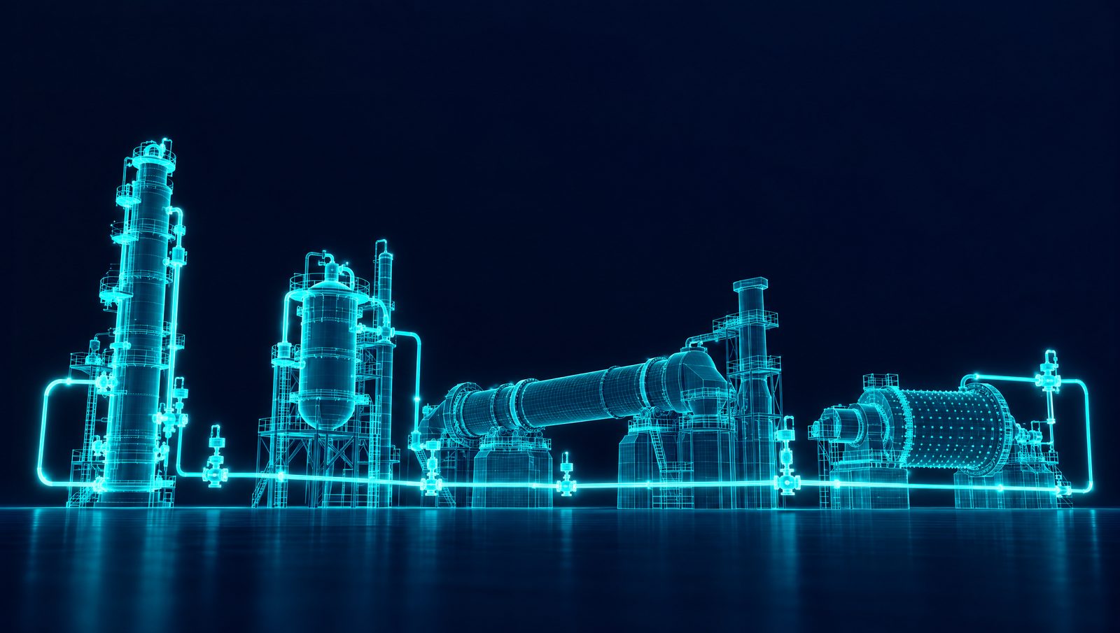 Wireframe illustration of a refinery column, a polymer reactor, a cement kiln and a grinding mill joined by one closed-loop data line