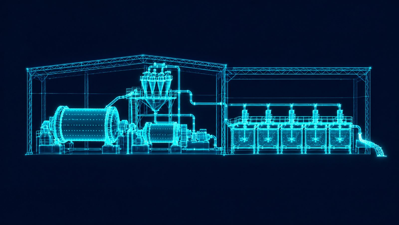Wireframe view of a mineral concentrator, with SAG and ball mills feeding hydrocyclones and a bank of flotation cells