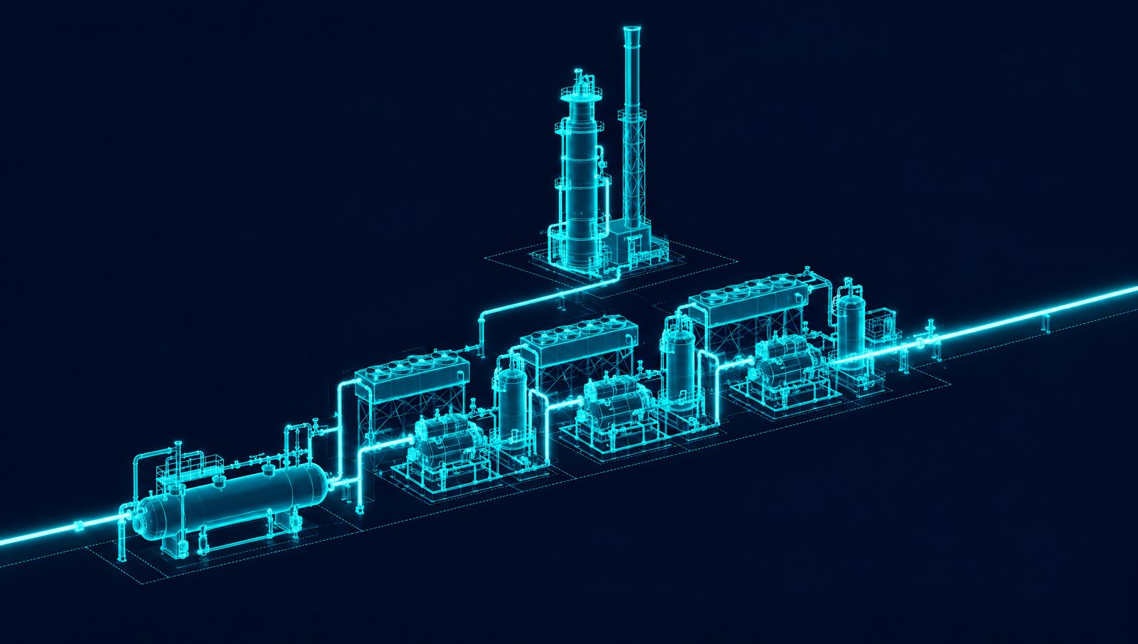 Wireframe illustration of a gas plant inlet separator, reciprocating compressor train, air coolers and fired heater