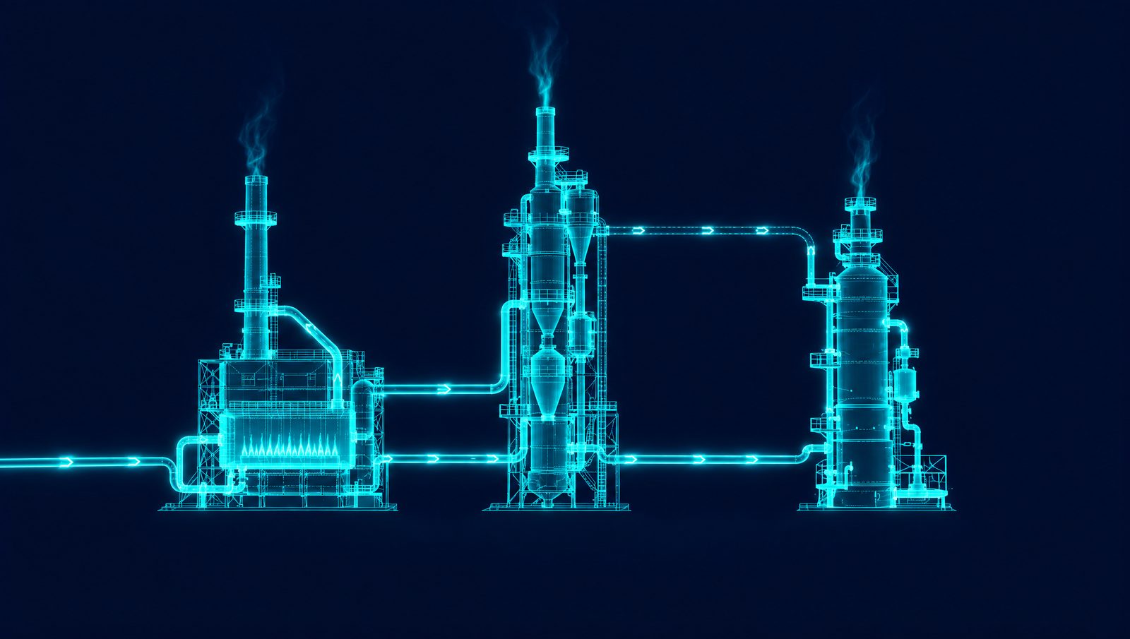 Wireframe illustration of a fired heater, cement preheater tower and polymer loop reactor joined by fuel lines