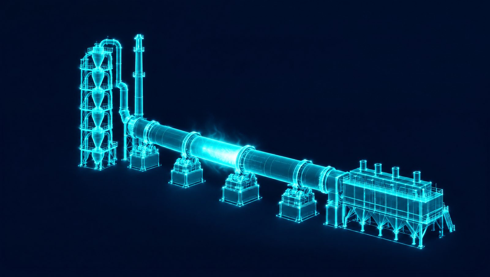 Wireframe rotary kiln with preheater tower and burner flame, the burning zone highlighted