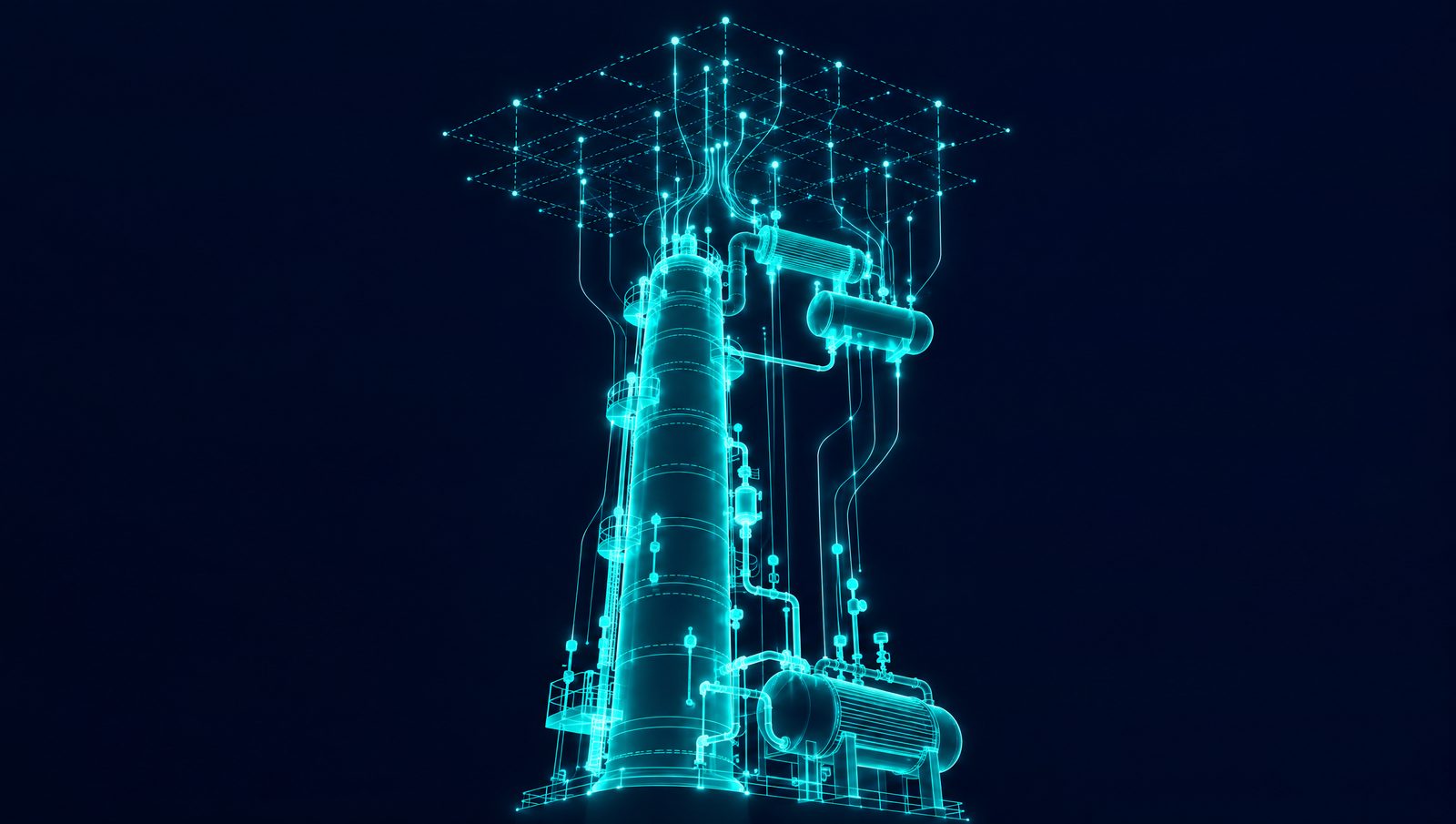 Wireframe rendering of a process unit whose operating history flows into a learned model above a control console