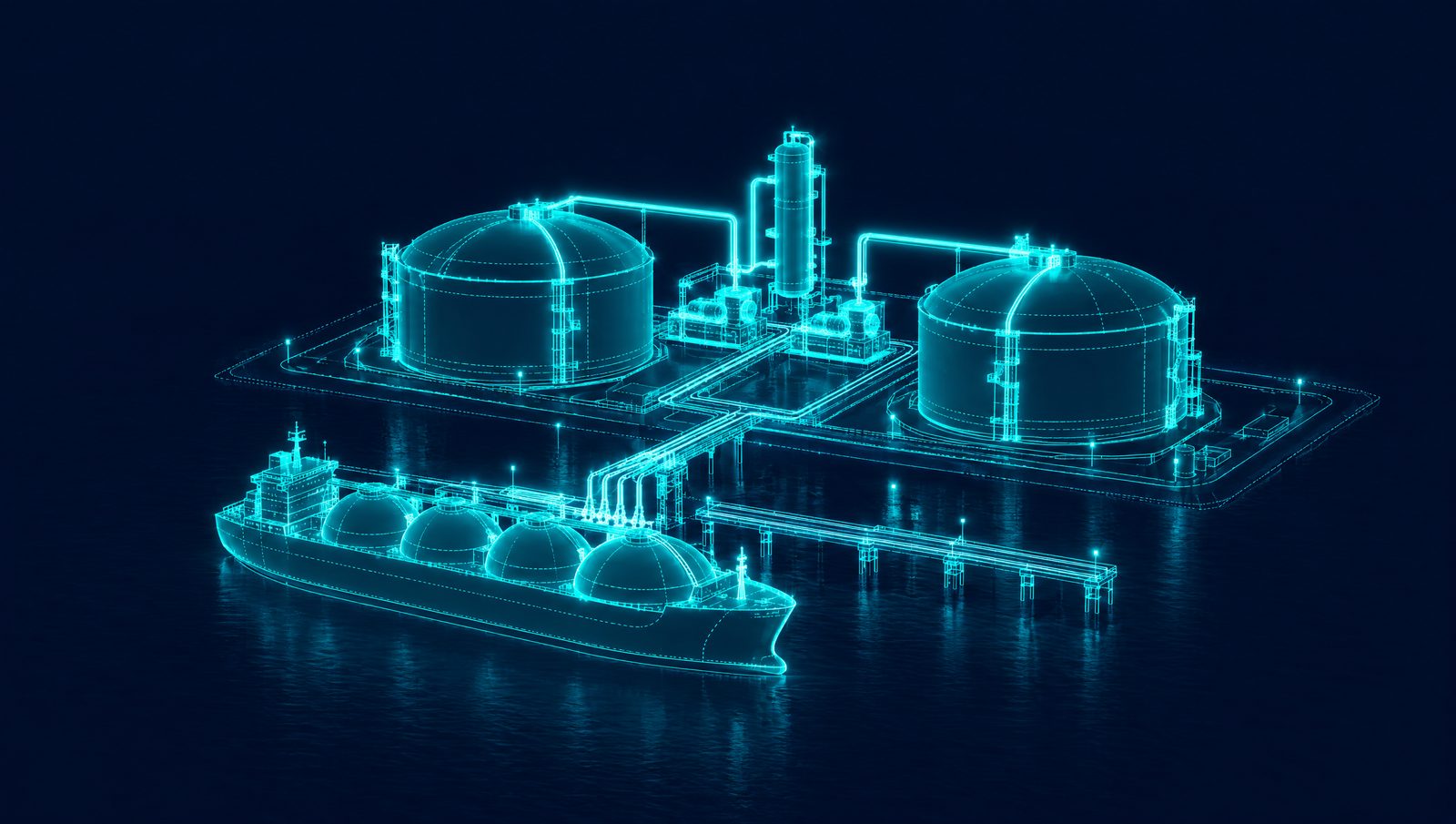 Wireframe illustration of an LNG terminal with storage tanks, boil-off gas compressors, recondenser and moored tanker